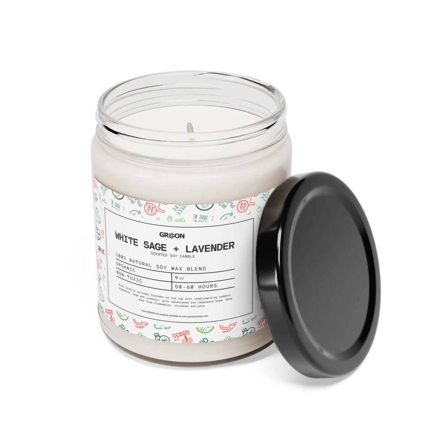 Burning GR@ON Scented Candle in a glass jar, filling the room with a calming lavender scent. GR@ON Scented Candles: Eco-friendly aromas, sustainable scents.