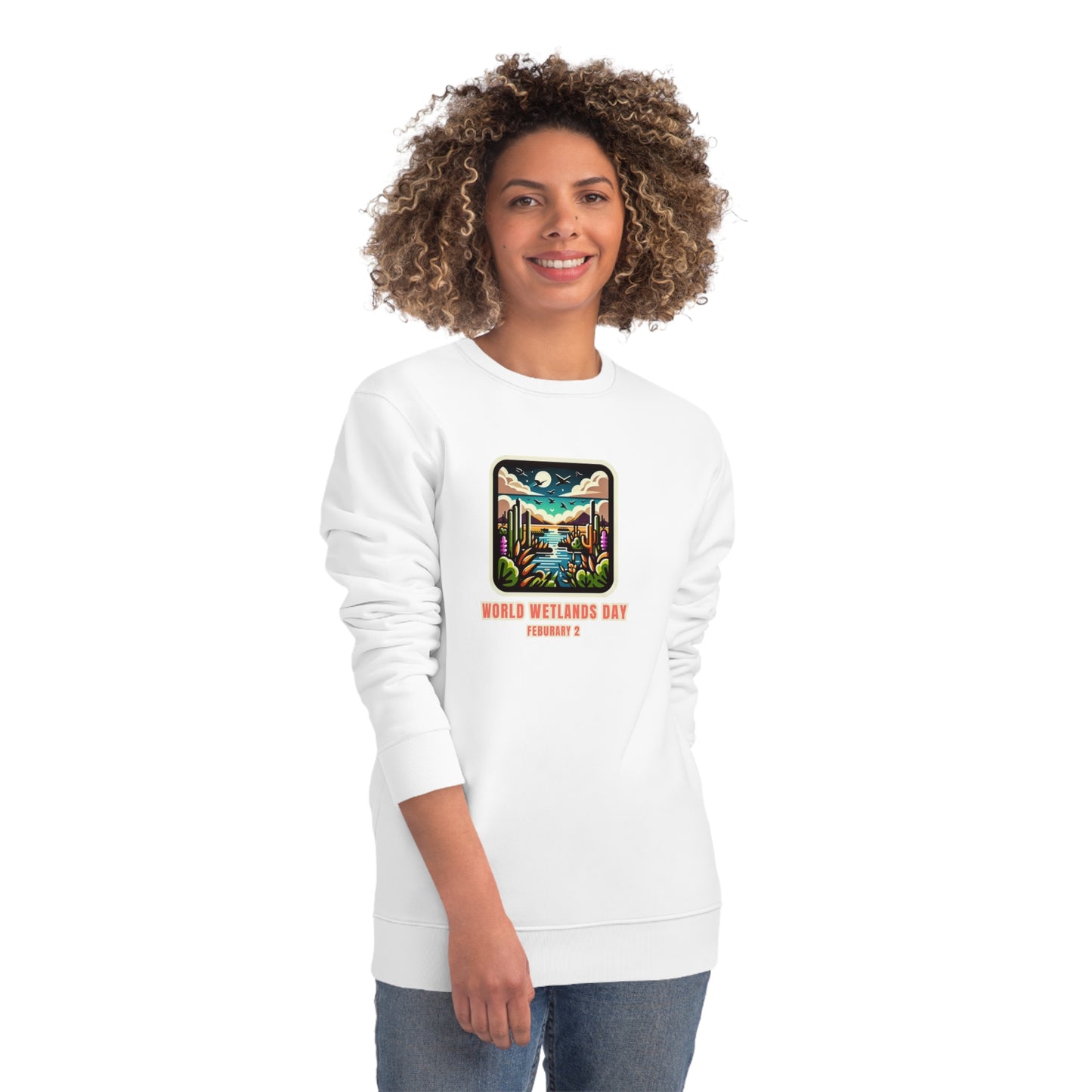 World Wetlands Day, Model wearing a GR@ON Sweatshirt made from organic cotton, featuring a stylish and sustainable design. GR@ON Sweatshirts: Sustainable comfort, everyday style.