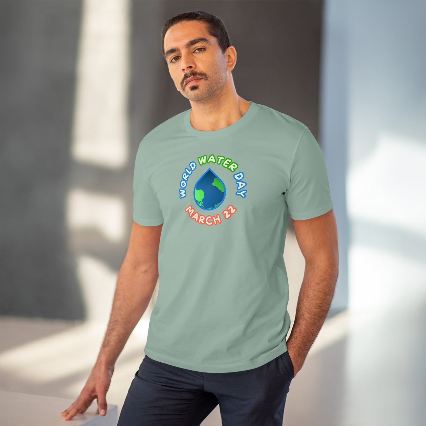 World Water Day, Model wearing a GR@ON T-Shirt made from organic cotton, featuring a stylish and sustainable design. GR@ON T-Shirts: Sustainable style, everyday comfort.