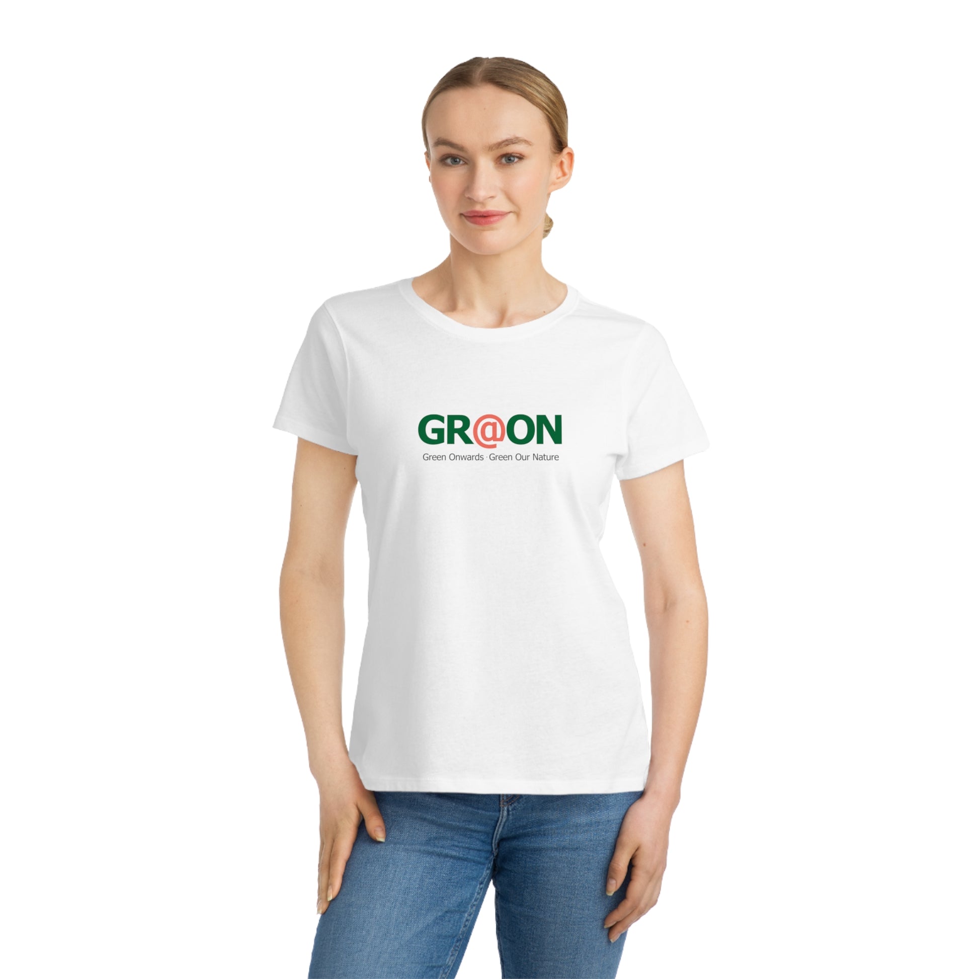 Model wearing a GR@ON T-Shirt made from organic cotton, featuring a stylish and sustainable design. GR@ON T-Shirts: Sustainable style, everyday comfort.