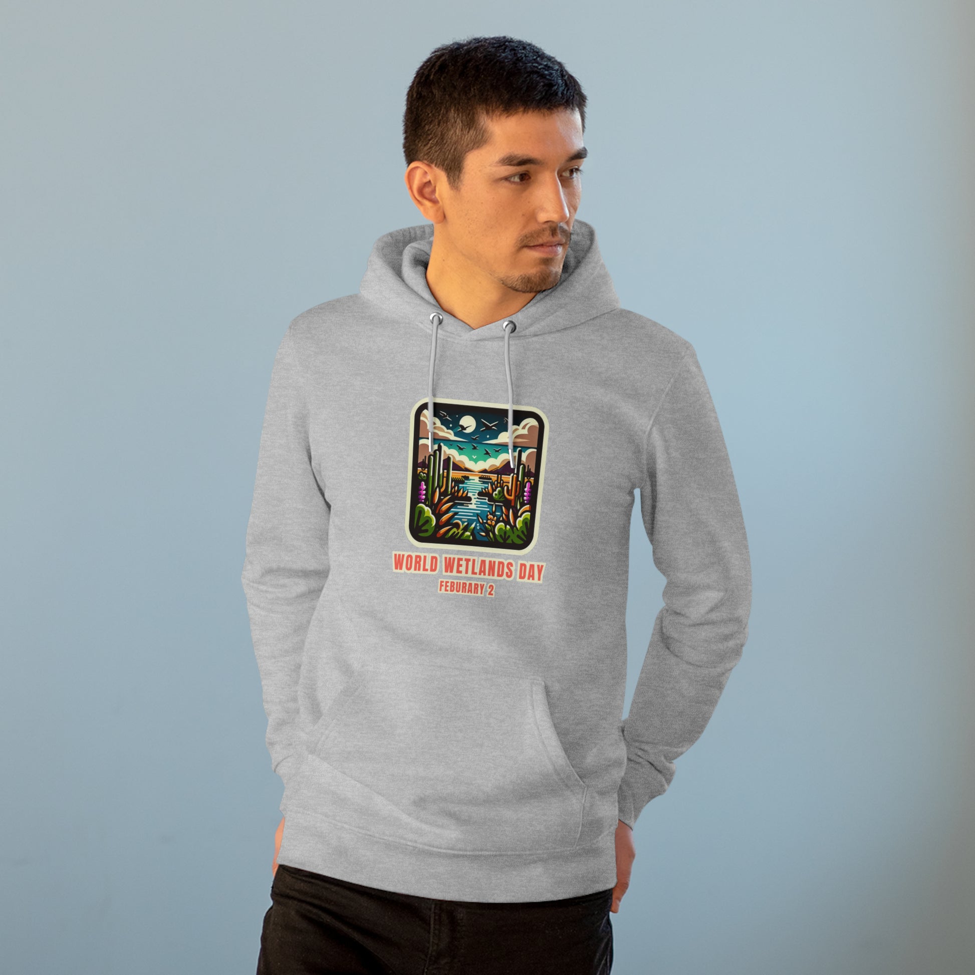 World Wetlands Day, Model wearing a GR@ON Hoodie made from organic cotton, featuring a stylish and sustainable design. GR@ON Hoodies: Sustainable warmth, stylish comfort.