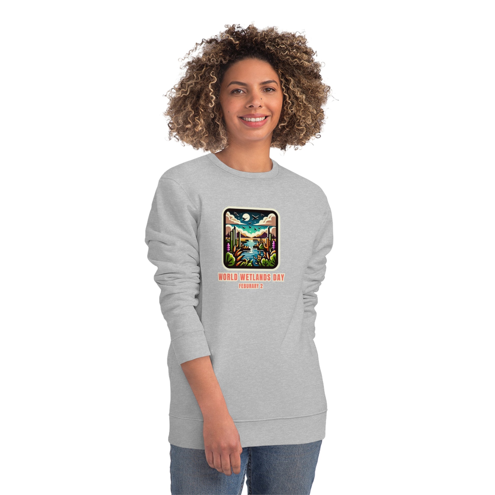 World Wetlands Day, Model wearing a GR@ON Sweatshirt made from organic cotton, featuring a stylish and sustainable design. GR@ON Sweatshirts: Sustainable comfort, everyday style.