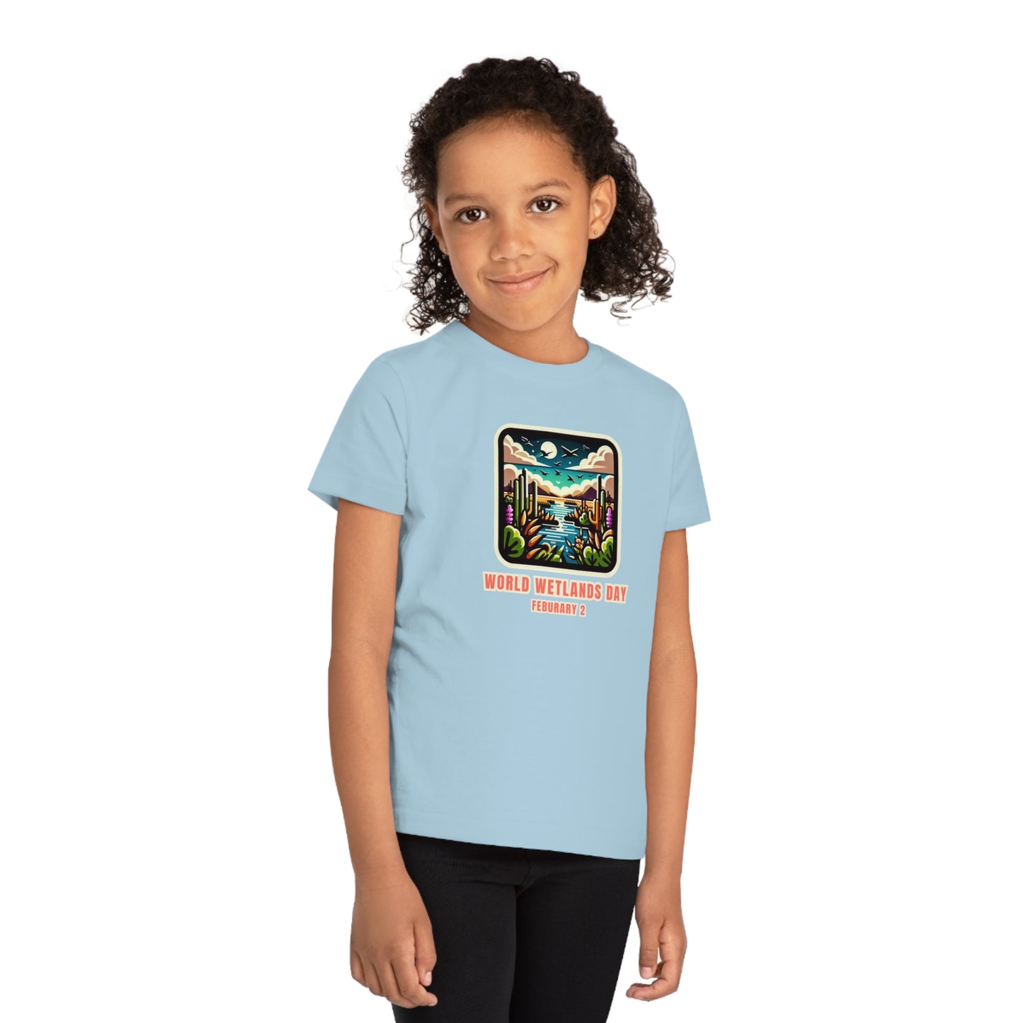 World Wetlands Day, Child wearing a GR@ON Kids T-Shirt made from organic cotton, featuring a fun and colorful design. GR@ON Kids T-Shirts: Sustainable style, fun designs.