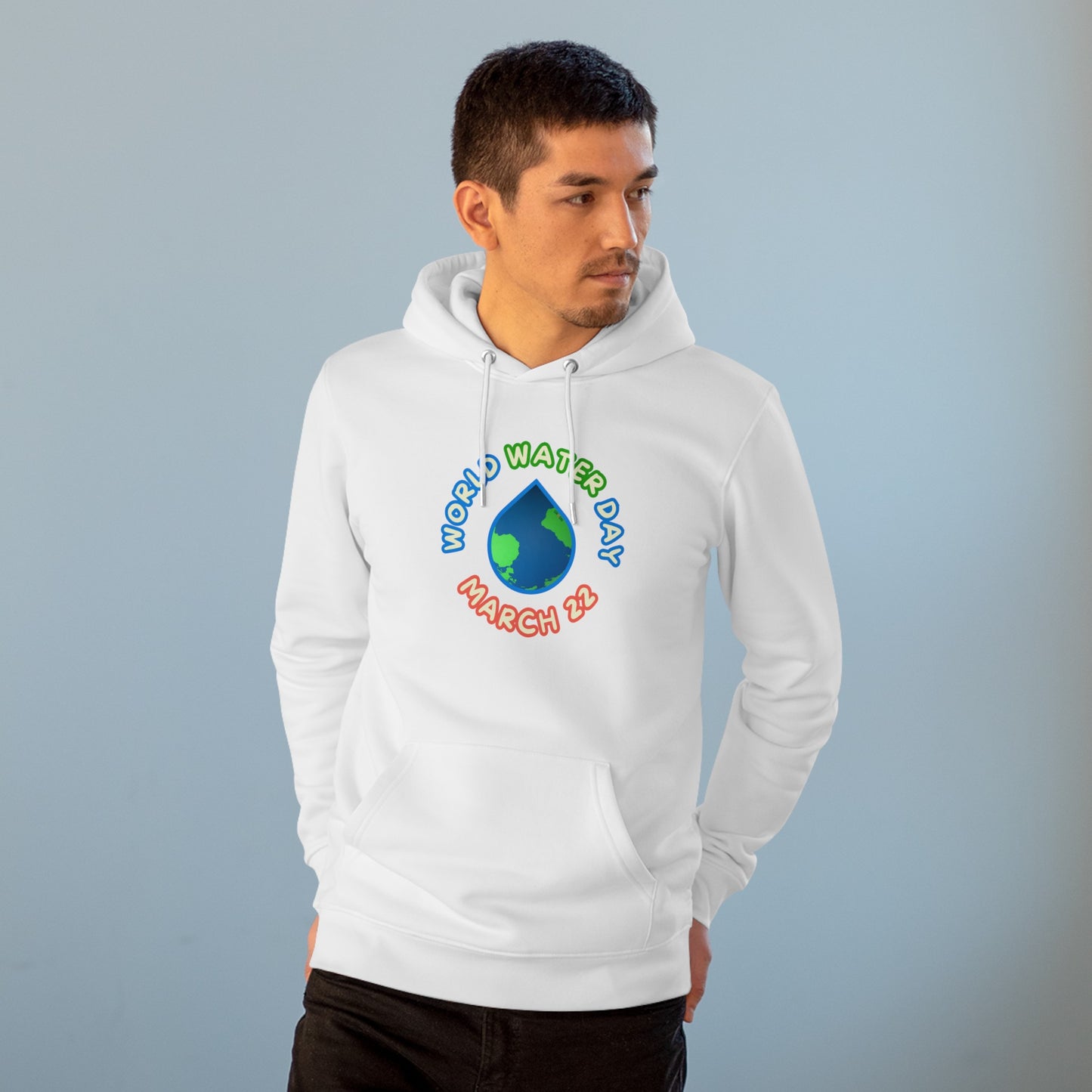 World Water Day, Model wearing a GR@ON Hoodie made from organic cotton, featuring a stylish and sustainable design. GR@ON Hoodies: Sustainable warmth, stylish comfort.