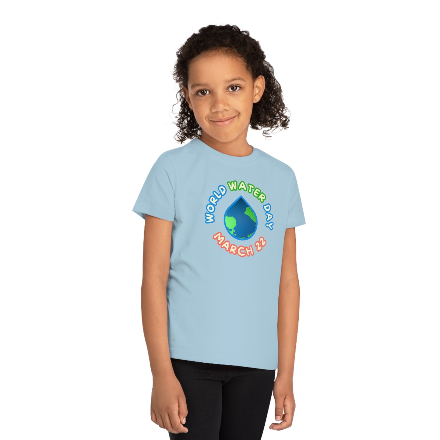 World Water Day, Child wearing a GR@ON Kids T-Shirt made from organic cotton, featuring a fun and colorful design. GR@ON Kids T-Shirts: Sustainable style, fun designs.