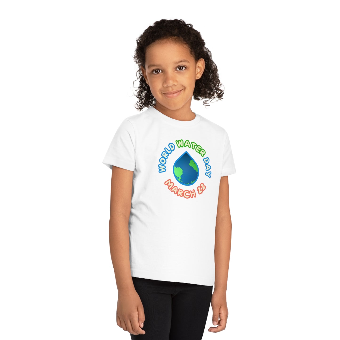 World Water Day, Child wearing a GR@ON Kids T-Shirt made from organic cotton, featuring a fun and colorful design. GR@ON Kids T-Shirts: Sustainable style, fun designs.