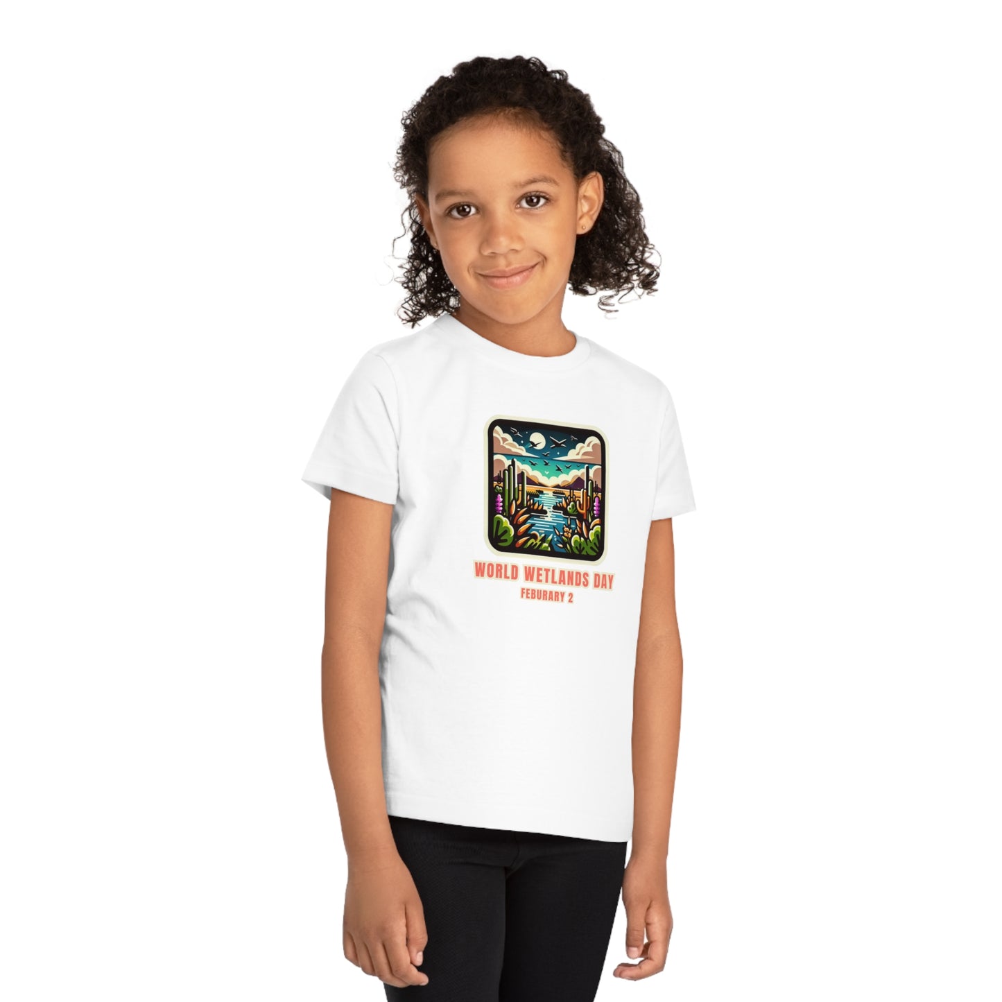 World Wetlands Day, Child wearing a GR@ON Kids T-Shirt made from organic cotton, featuring a fun and colorful design. GR@ON Kids T-Shirts: Sustainable style, fun designs.