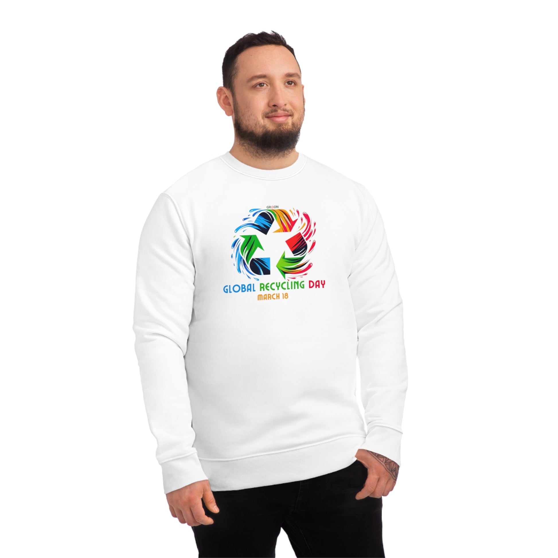 Global Recycling Day, Model wearing a GR@ON Sweatshirt made from organic cotton, featuring a stylish and sustainable design. GR@ON Sweatshirts: Sustainable comfort, everyday style.