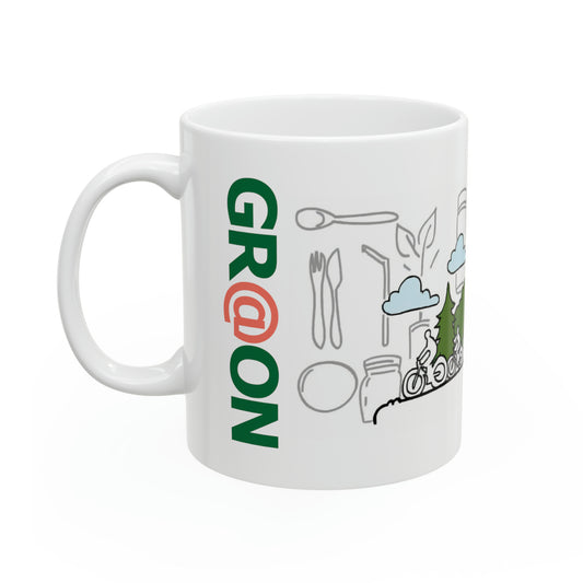 Person holding a GR@ON Mug filled with coffee, enjoying a relaxing moment. GR@ON Mugs: Sustainable sips, ethical style.