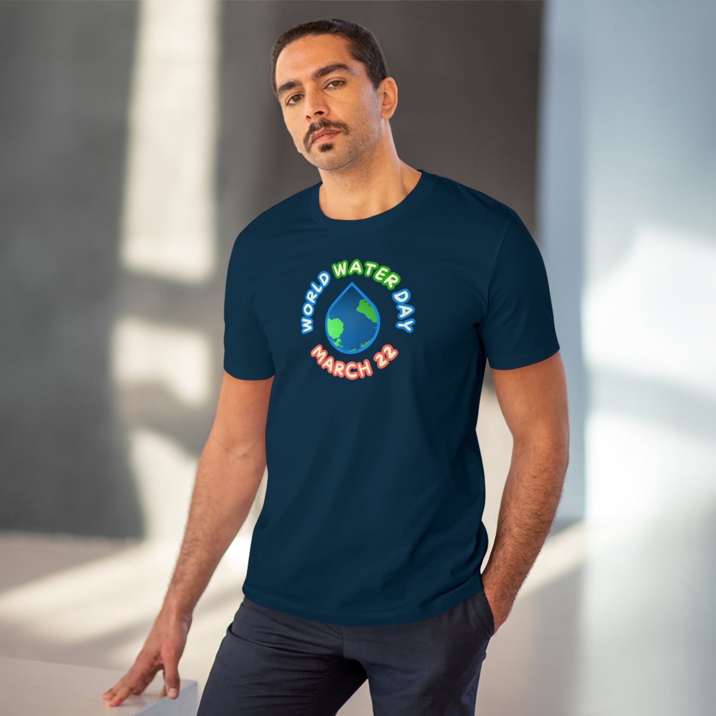 World Water Day, Model wearing a GR@ON T-Shirt made from organic cotton, featuring a stylish and sustainable design. GR@ON T-Shirts: Sustainable style, everyday comfort.