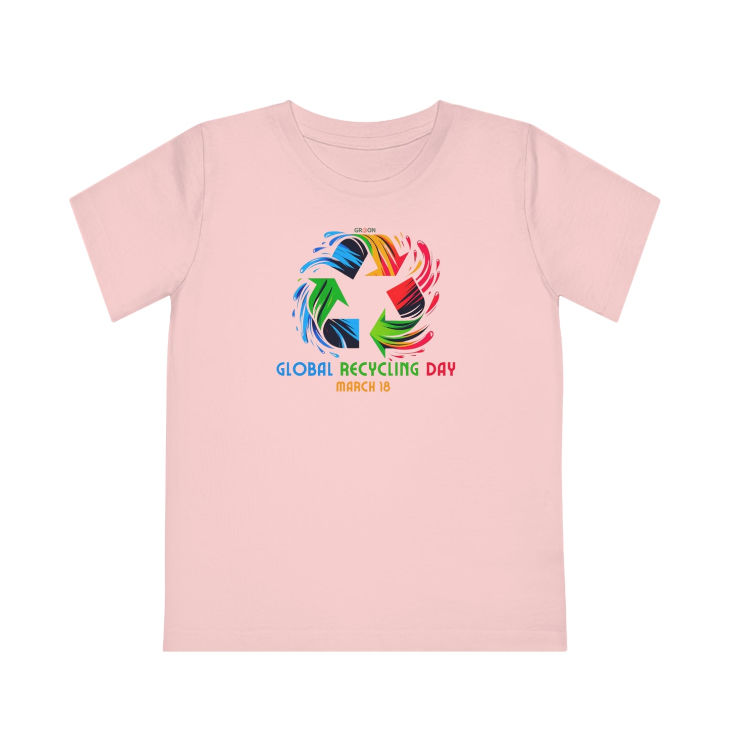 Global Recycling Day, Child wearing a GR@ON Kids T-Shirt made from organic cotton, featuring a fun and colorful design. GR@ON Kids T-Shirts: Sustainable style, fun designs.