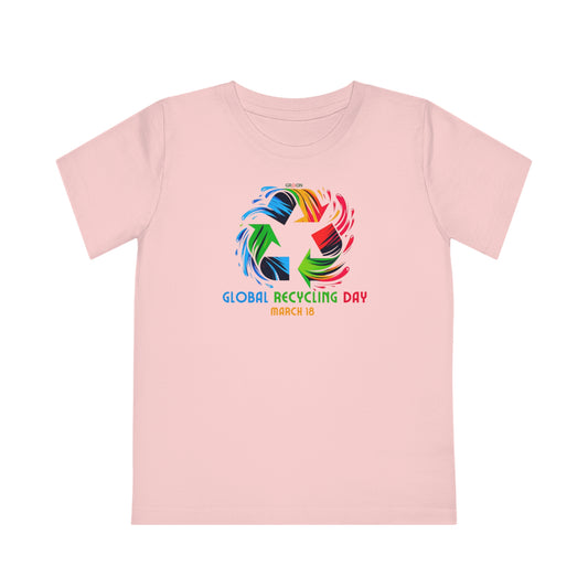 Global Recycling Day, Child wearing a GR@ON Kids T-Shirt made from organic cotton, featuring a fun and colorful design. GR@ON Kids T-Shirts: Sustainable style, fun designs.