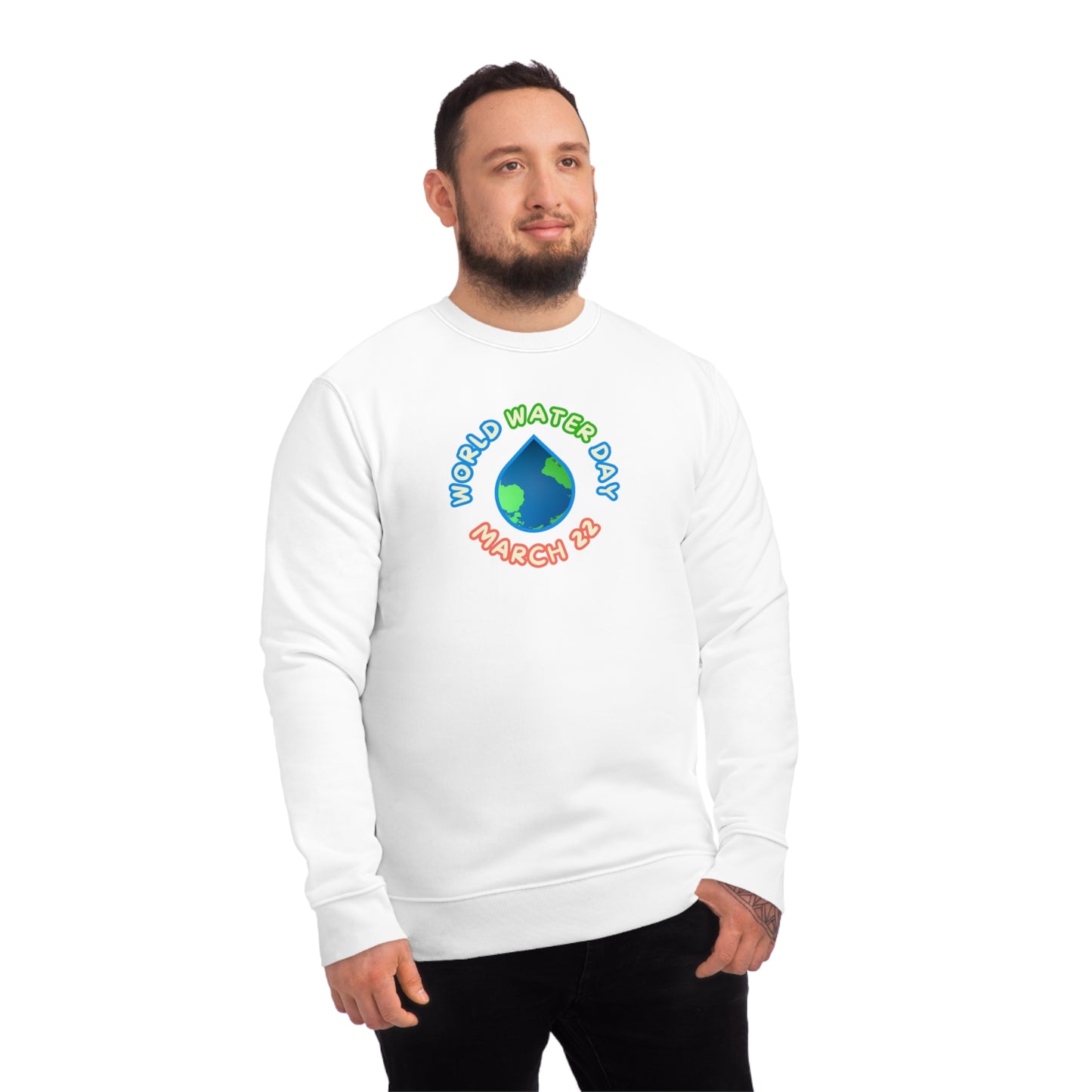 World Water Day, Model wearing a GR@ON Sweatshirt made from organic cotton, featuring a stylish and sustainable design. GR@ON Sweatshirts: Sustainable comfort, everyday style.