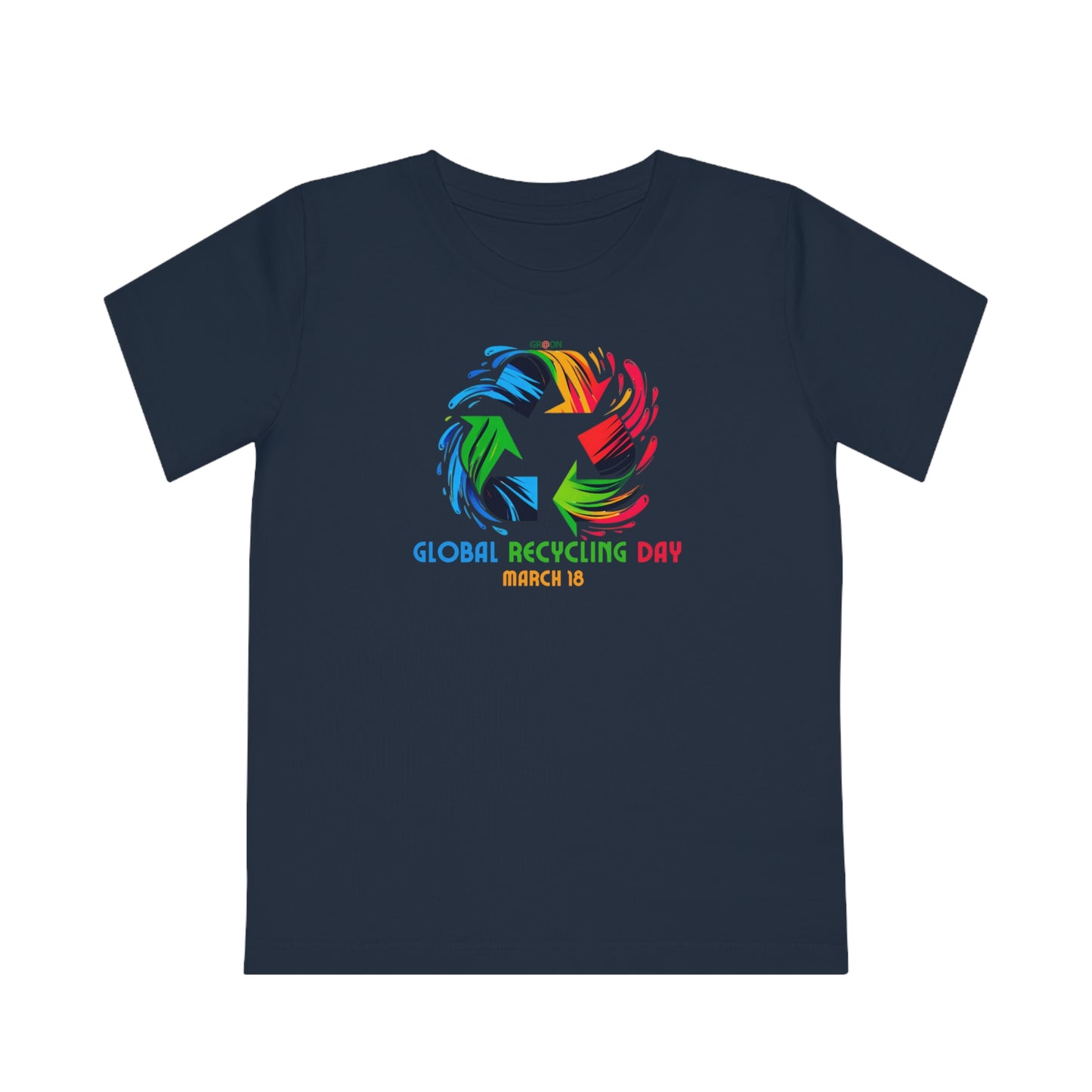 Global Recycling Day, Child wearing a GR@ON Kids T-Shirt made from organic cotton, featuring a fun and colorful design. GR@ON Kids T-Shirts: Sustainable style, fun designs.