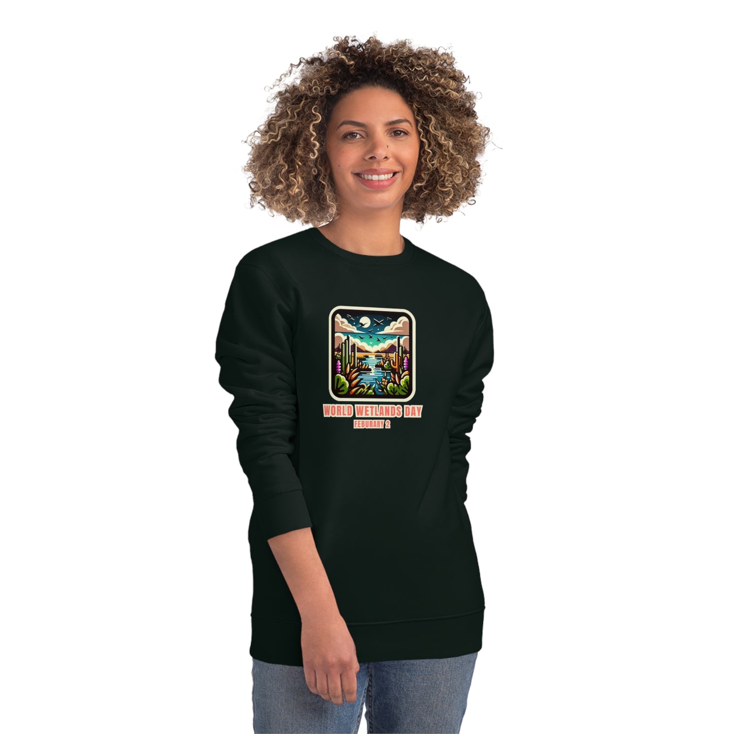 World Wetlands Day, Model wearing a GR@ON Sweatshirt made from organic cotton, featuring a stylish and sustainable design. GR@ON Sweatshirts: Sustainable comfort, everyday style.