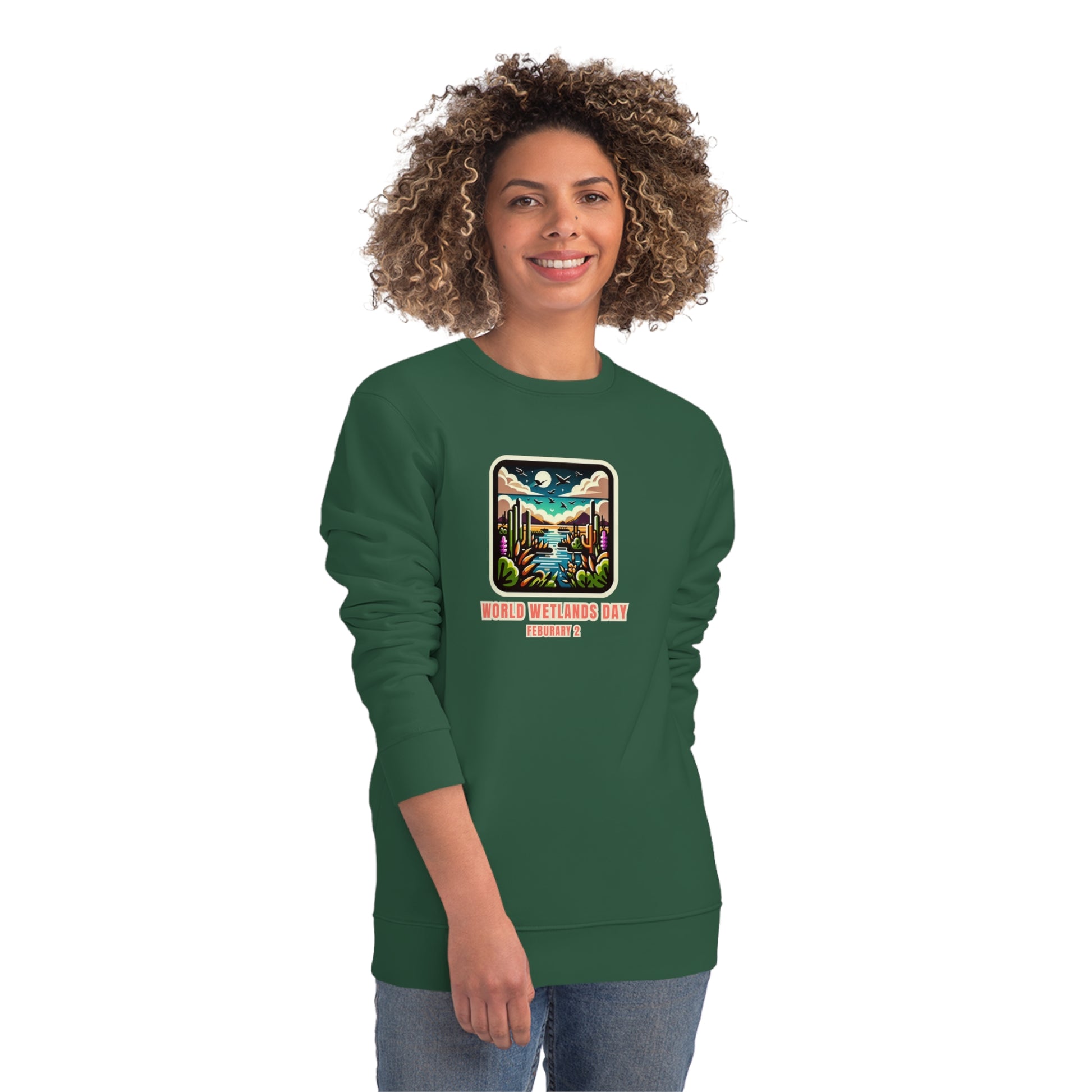 World Wetlands Day, Model wearing a GR@ON Sweatshirt made from organic cotton, featuring a stylish and sustainable design. GR@ON Sweatshirts: Sustainable comfort, everyday style.