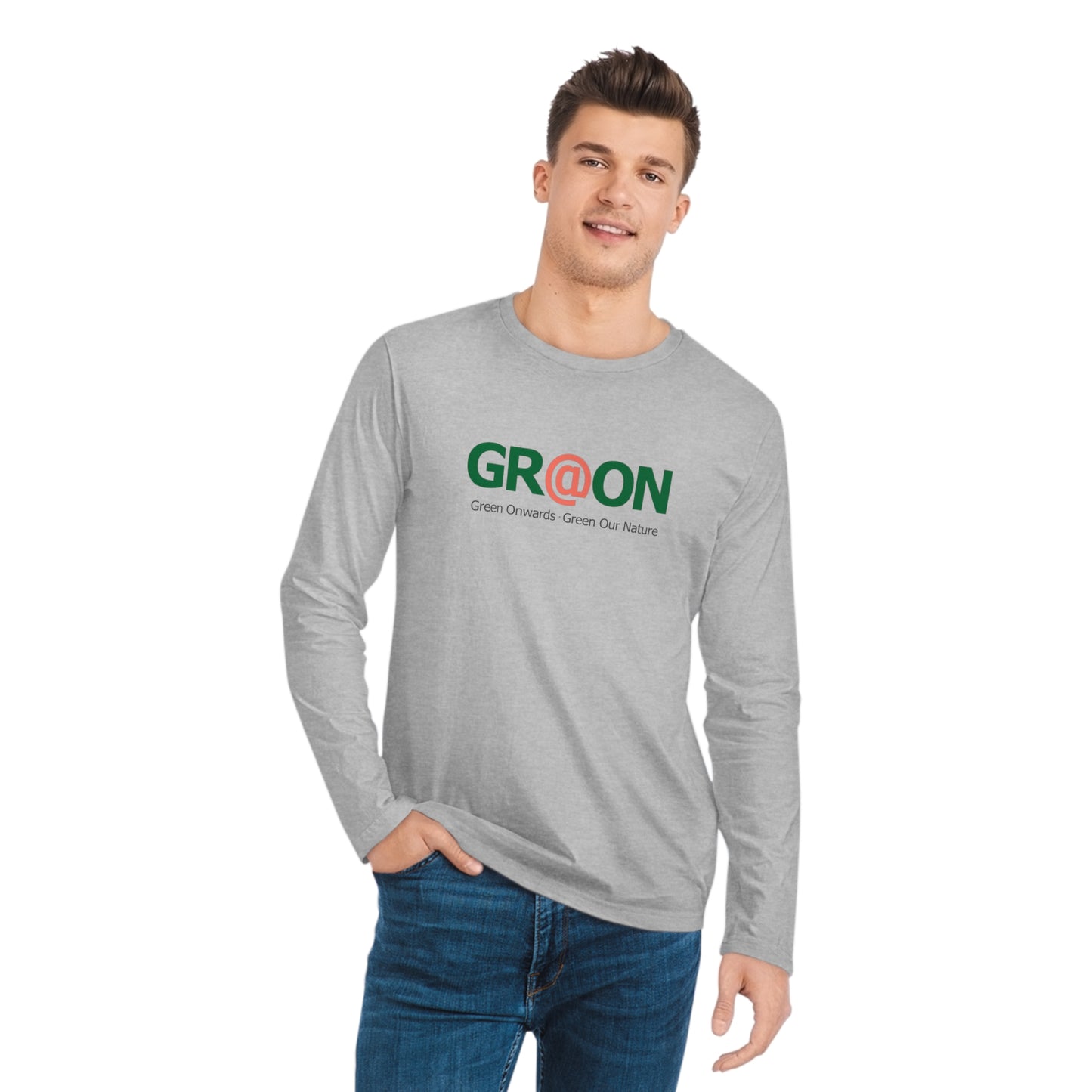 Model wearing a GR@ON T-Shirt made from organic cotton, featuring a stylish and sustainable design. GR@ON T-Shirts: Sustainable style, everyday comfort.