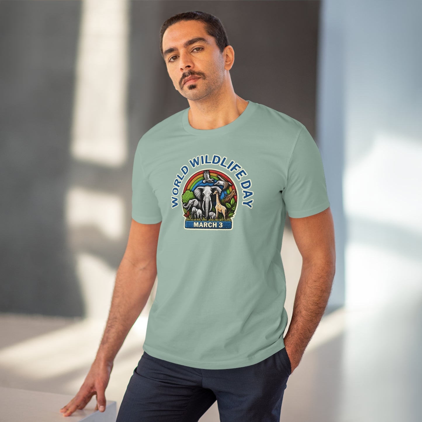 World Wildlife Day, Model wearing a GR@ON T-Shirt made from organic cotton, featuring a stylish and sustainable design. GR@ON T-Shirts: Sustainable style, everyday comfort.