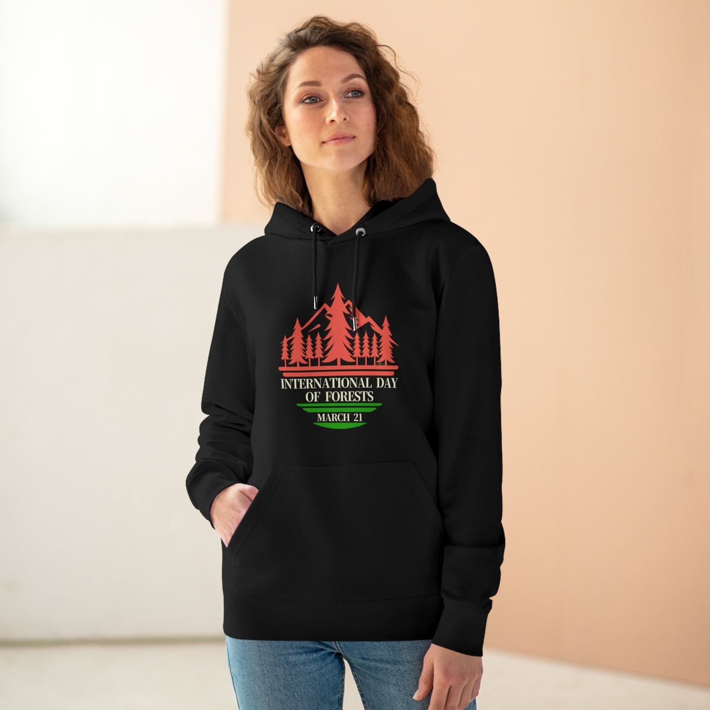 International Day of Forests, Model wearing a GR@ON Hoodie made from organic cotton, featuring a stylish and sustainable design. GR@ON Hoodies: Sustainable warmth, stylish comfort.