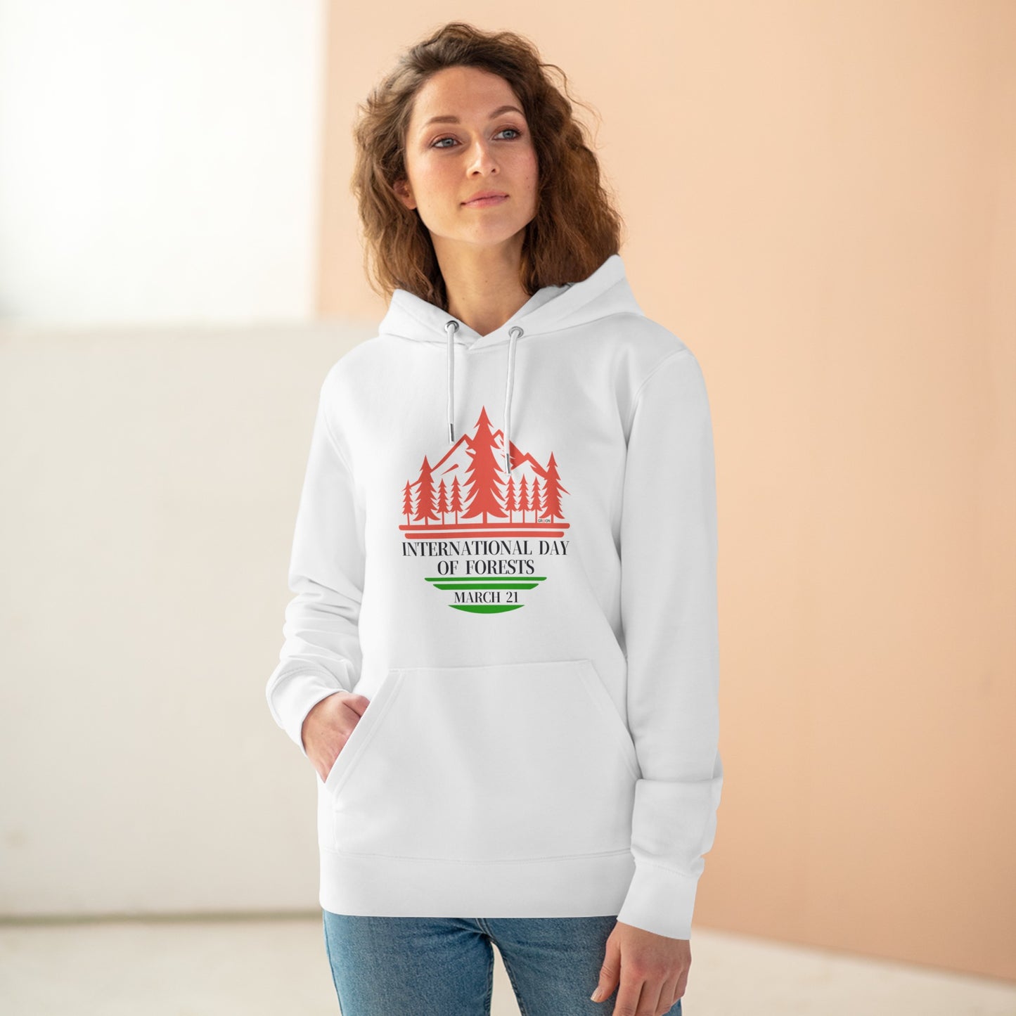 International Day of Forests, Model wearing a GR@ON Hoodie made from organic cotton, featuring a stylish and sustainable design. GR@ON Hoodies: Sustainable warmth, stylish comfort.