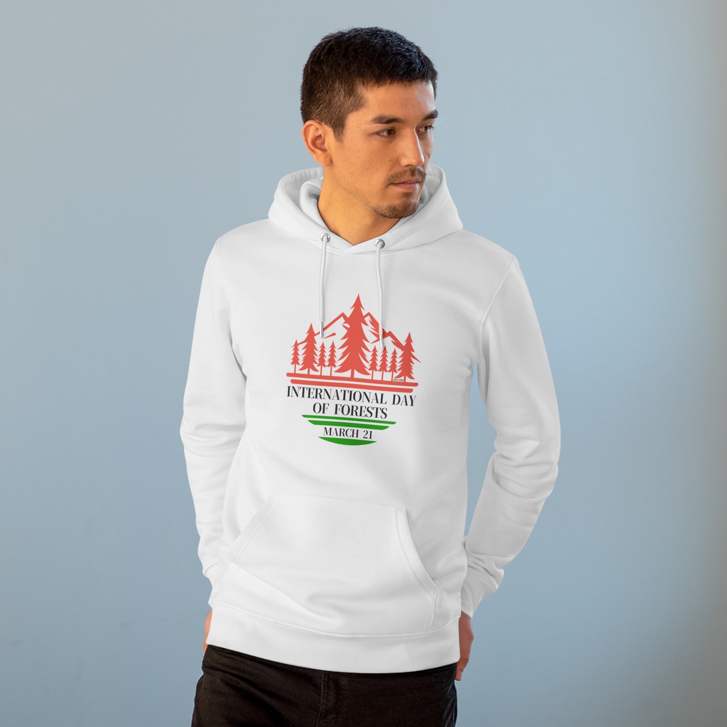 International Day of Forests, Model wearing a GR@ON Hoodie made from organic cotton, featuring a stylish and sustainable design. GR@ON Hoodies: Sustainable warmth, stylish comfort.