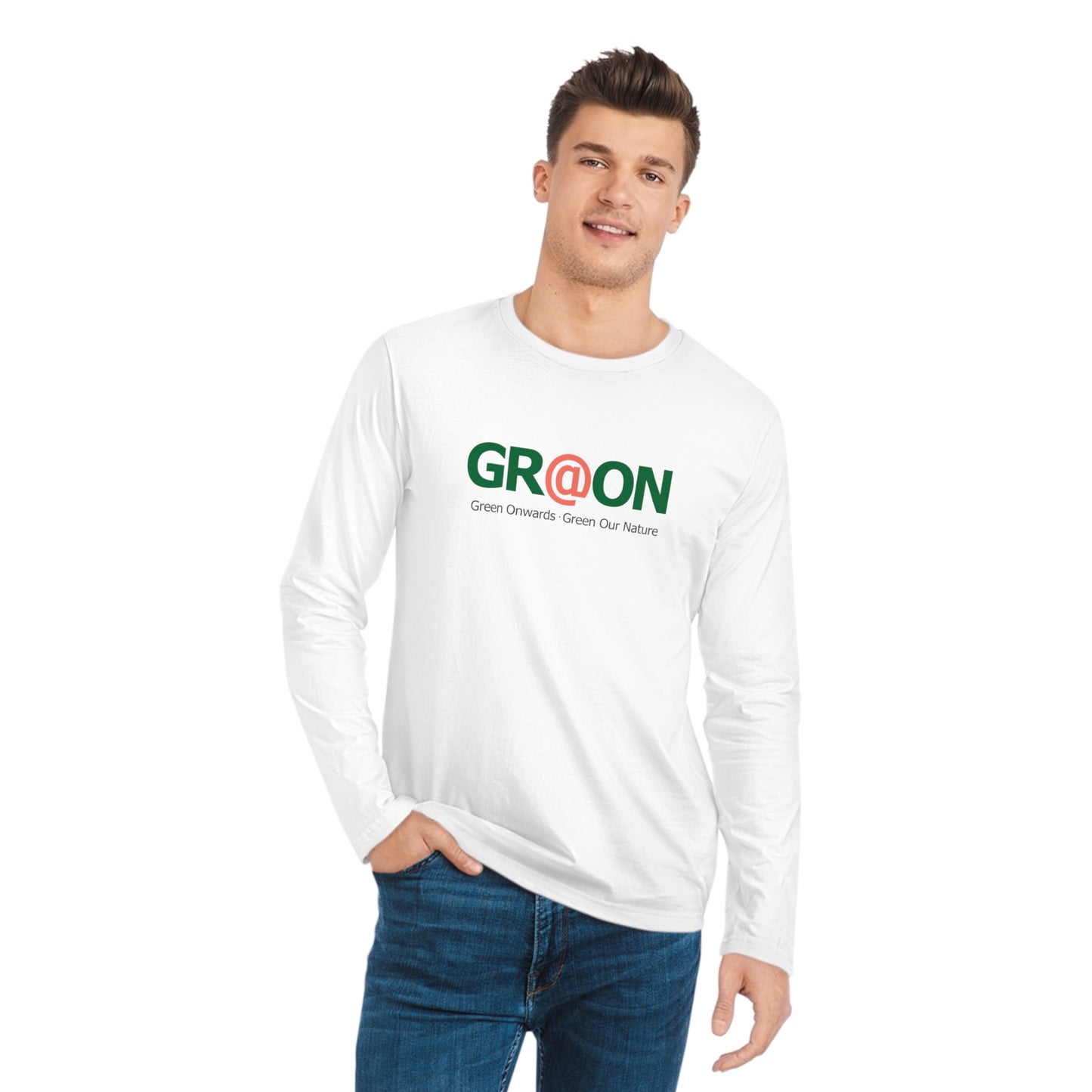 Model wearing a GR@ON T-Shirt made from organic cotton, featuring a stylish and sustainable design. GR@ON T-Shirts: Sustainable style, everyday comfort.