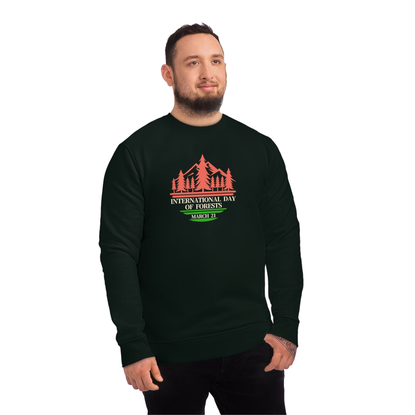 International Day of Forests, Model wearing a GR@ON Sweatshirt made from organic cotton, featuring a stylish and sustainable design. GR@ON Sweatshirts: Sustainable comfort, everyday style.