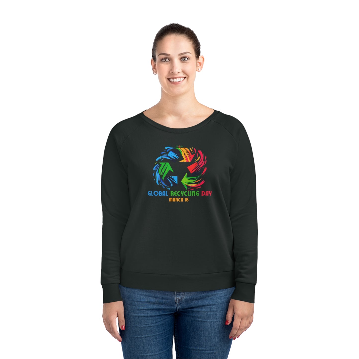 Global Recycling Day, Model wearing a GR@ON Sweatshirt made from organic cotton, featuring a stylish and sustainable design. GR@ON Sweatshirts: Sustainable comfort, everyday style.