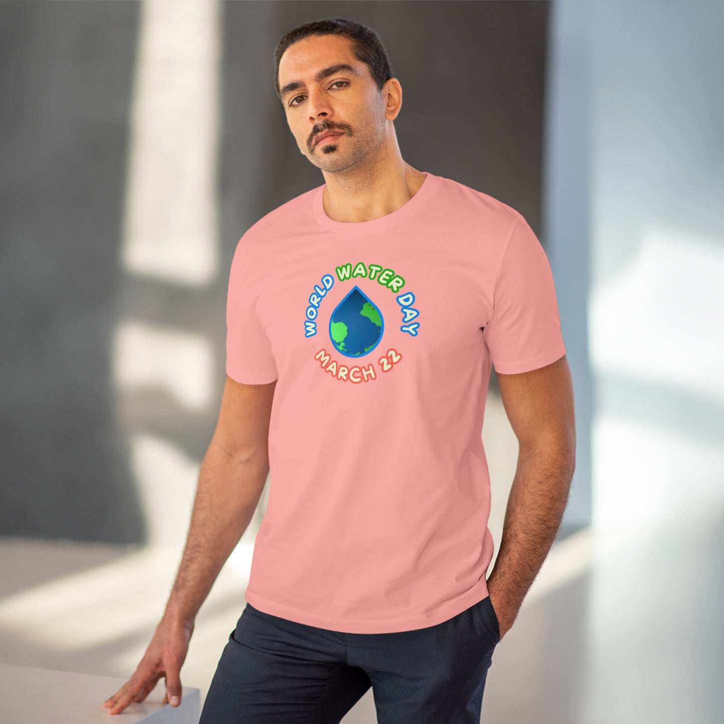 World Water Day, Model wearing a GR@ON T-Shirt made from organic cotton, featuring a stylish and sustainable design. GR@ON T-Shirts: Sustainable style, everyday comfort.