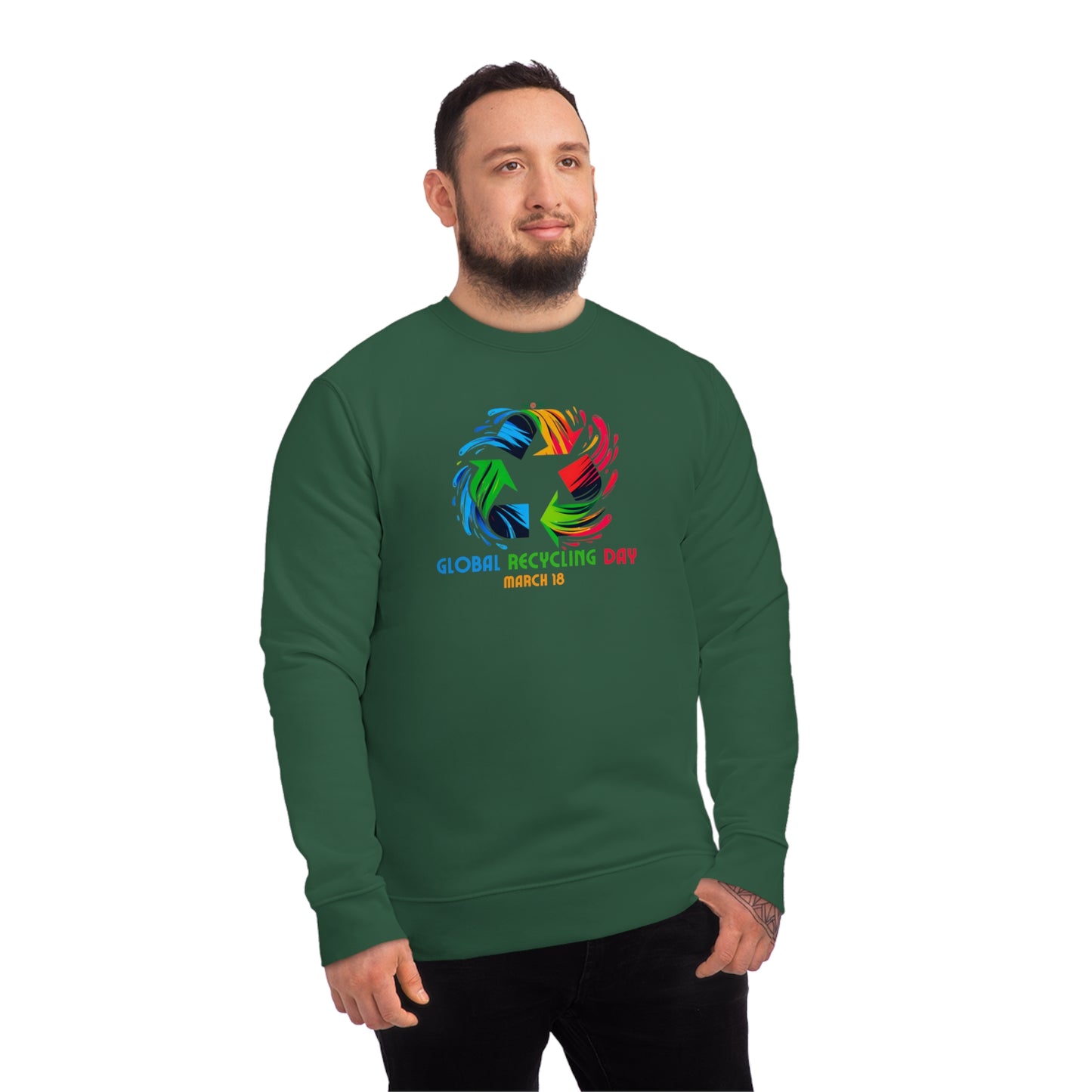 Global Recycling Day, Model wearing a GR@ON Sweatshirt made from organic cotton, featuring a stylish and sustainable design. GR@ON Sweatshirts: Sustainable comfort, everyday style.