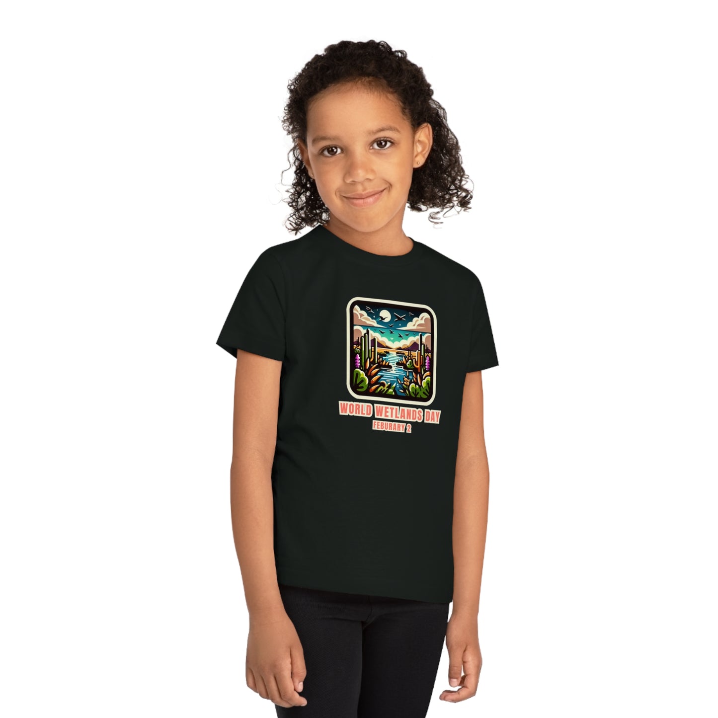 World Wetlands Day, Child wearing a GR@ON Kids T-Shirt made from organic cotton, featuring a fun and colorful design. GR@ON Kids T-Shirts: Sustainable style, fun designs.