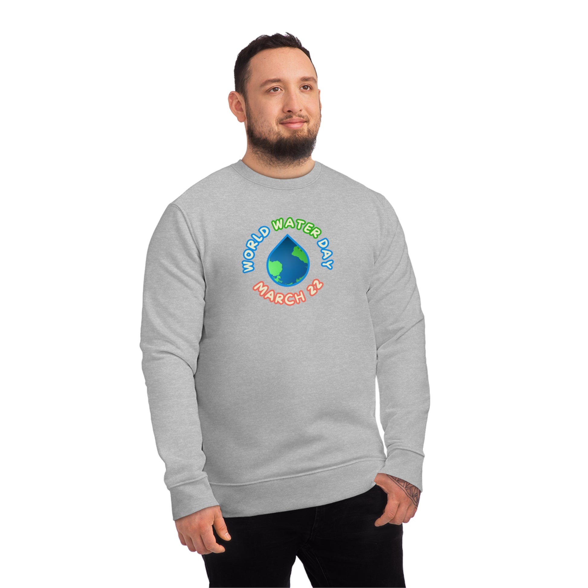 World Water Day, Model wearing a GR@ON Sweatshirt made from organic cotton, featuring a stylish and sustainable design. GR@ON Sweatshirts: Sustainable comfort, everyday style.