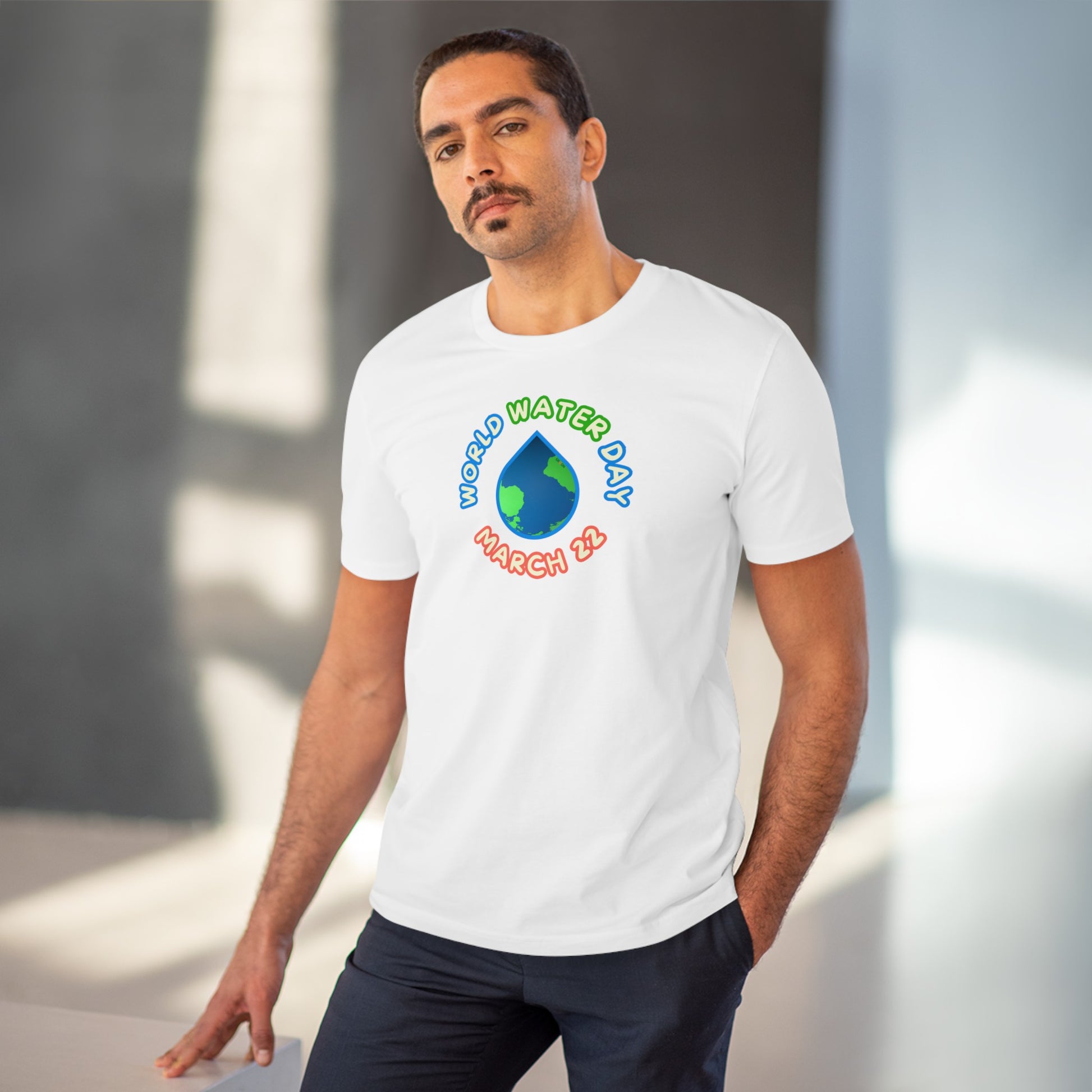 World Water Day, Model wearing a GR@ON T-Shirt made from organic cotton, featuring a stylish and sustainable design. GR@ON T-Shirts: Sustainable style, everyday comfort.