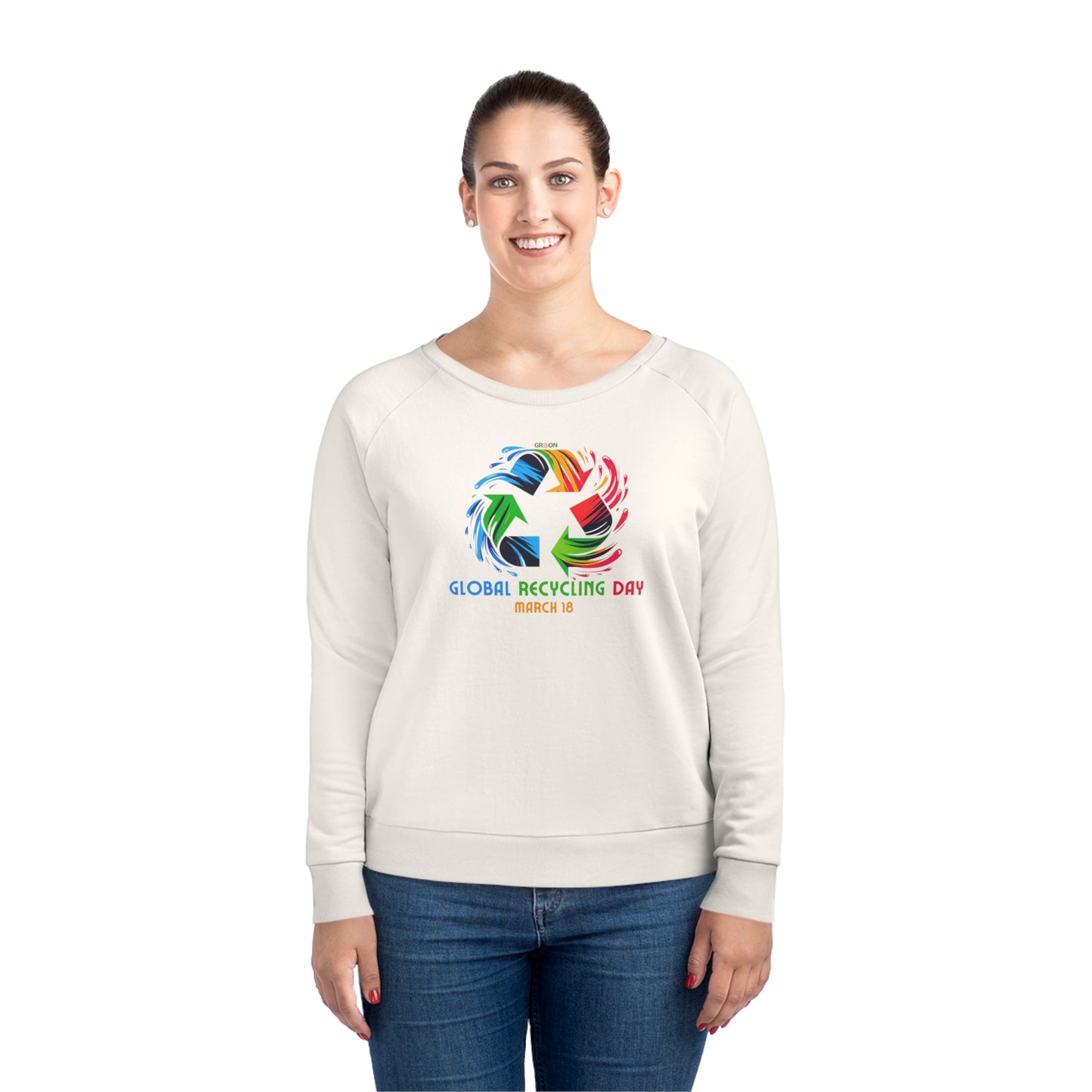 Global Recycling Day, Model wearing a GR@ON Sweatshirt made from organic cotton, featuring a stylish and sustainable design. GR@ON Sweatshirts: Sustainable comfort, everyday style.