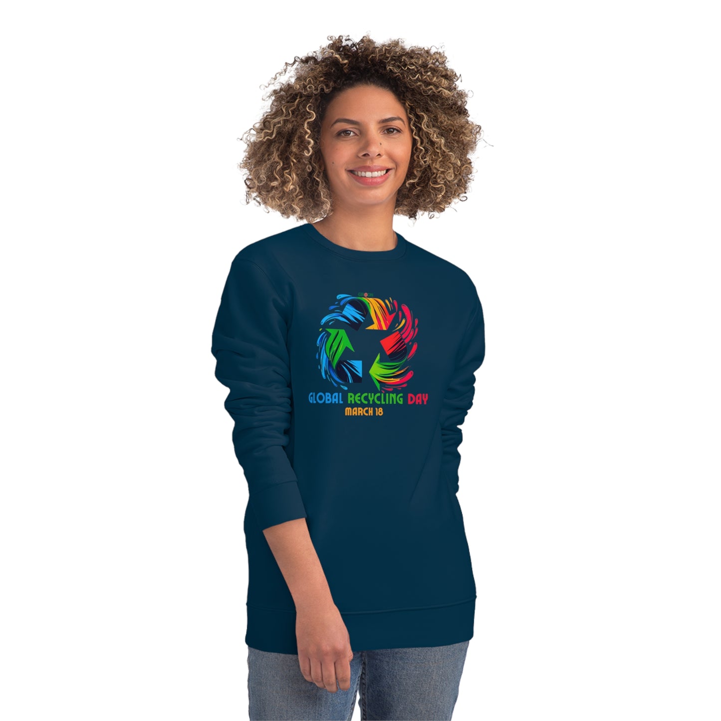 Global Recycling Day, Model wearing a GR@ON Sweatshirt made from organic cotton, featuring a stylish and sustainable design. GR@ON Sweatshirts: Sustainable comfort, everyday style.