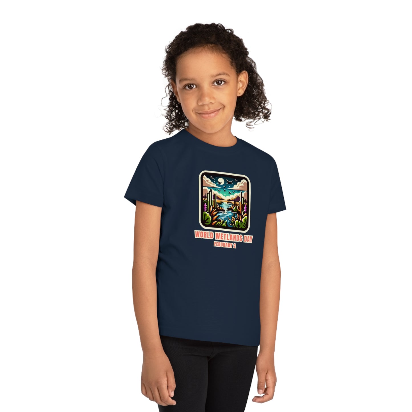 World Wetlands Day, Child wearing a GR@ON Kids T-Shirt made from organic cotton, featuring a fun and colorful design. GR@ON Kids T-Shirts: Sustainable style, fun designs.