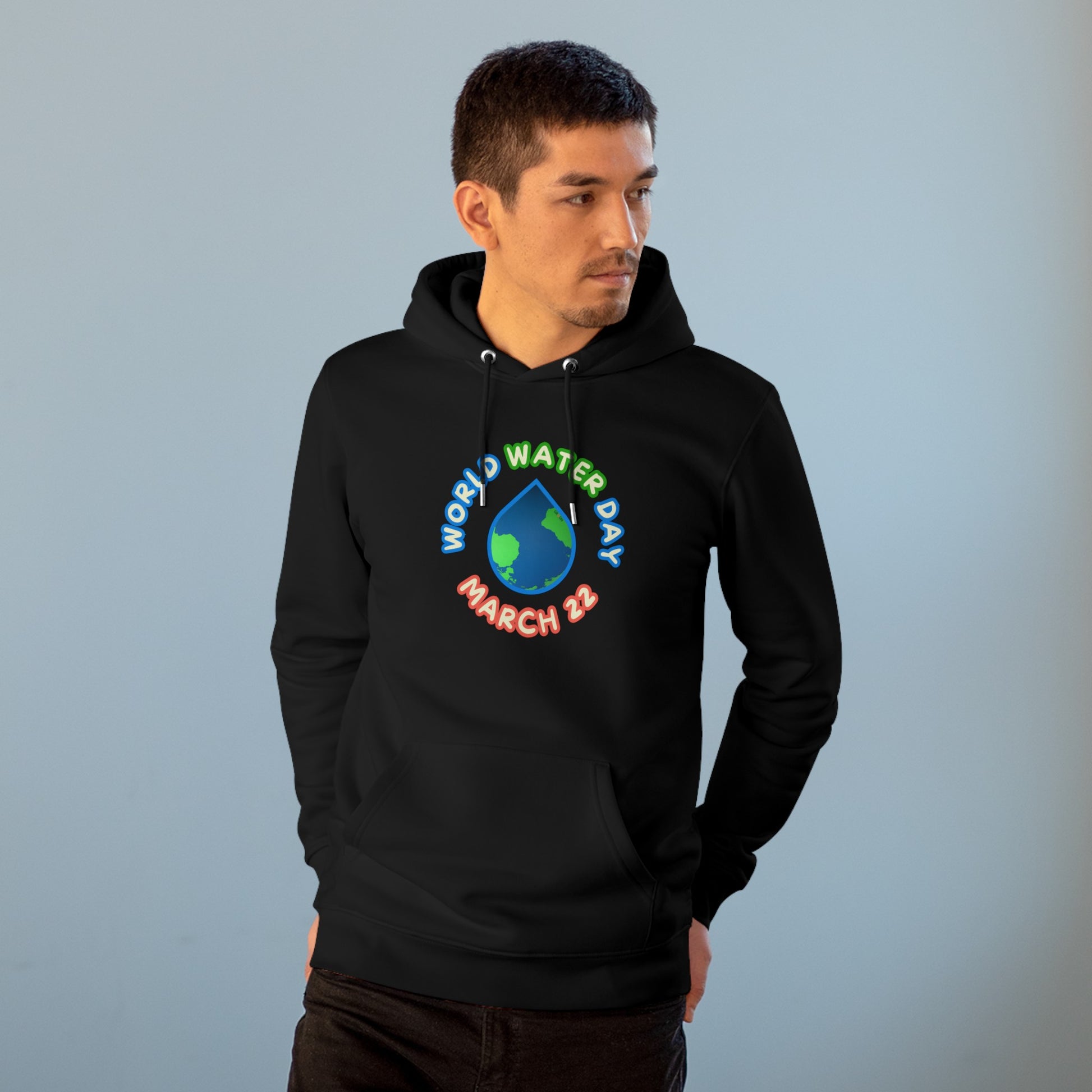 World Water Day, Model wearing a GR@ON Hoodie made from organic cotton, featuring a stylish and sustainable design. GR@ON Hoodies: Sustainable warmth, stylish comfort.