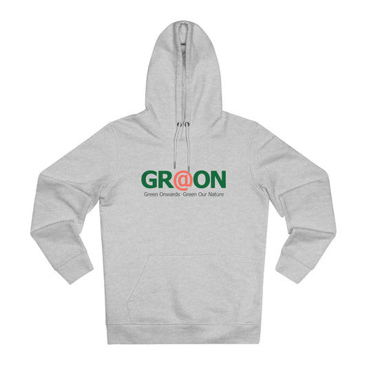Model wearing a GR@ON Hoodie made from organic cotton, featuring a stylish and sustainable design. GR@ON Hoodies: Sustainable warmth, stylish comfort.