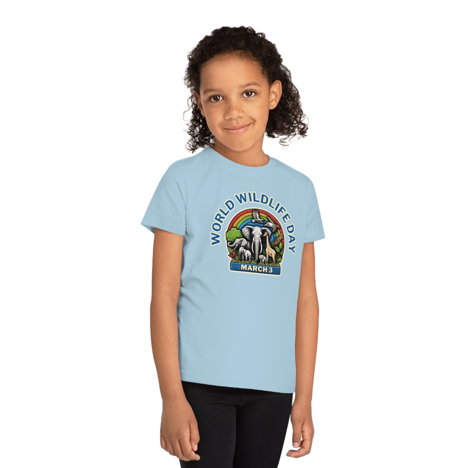 World Wildlife Day, Child wearing a GR@ON Kids T-Shirt made from organic cotton, featuring a fun and colorful design. GR@ON Kids T-Shirts: Sustainable style, fun designs.