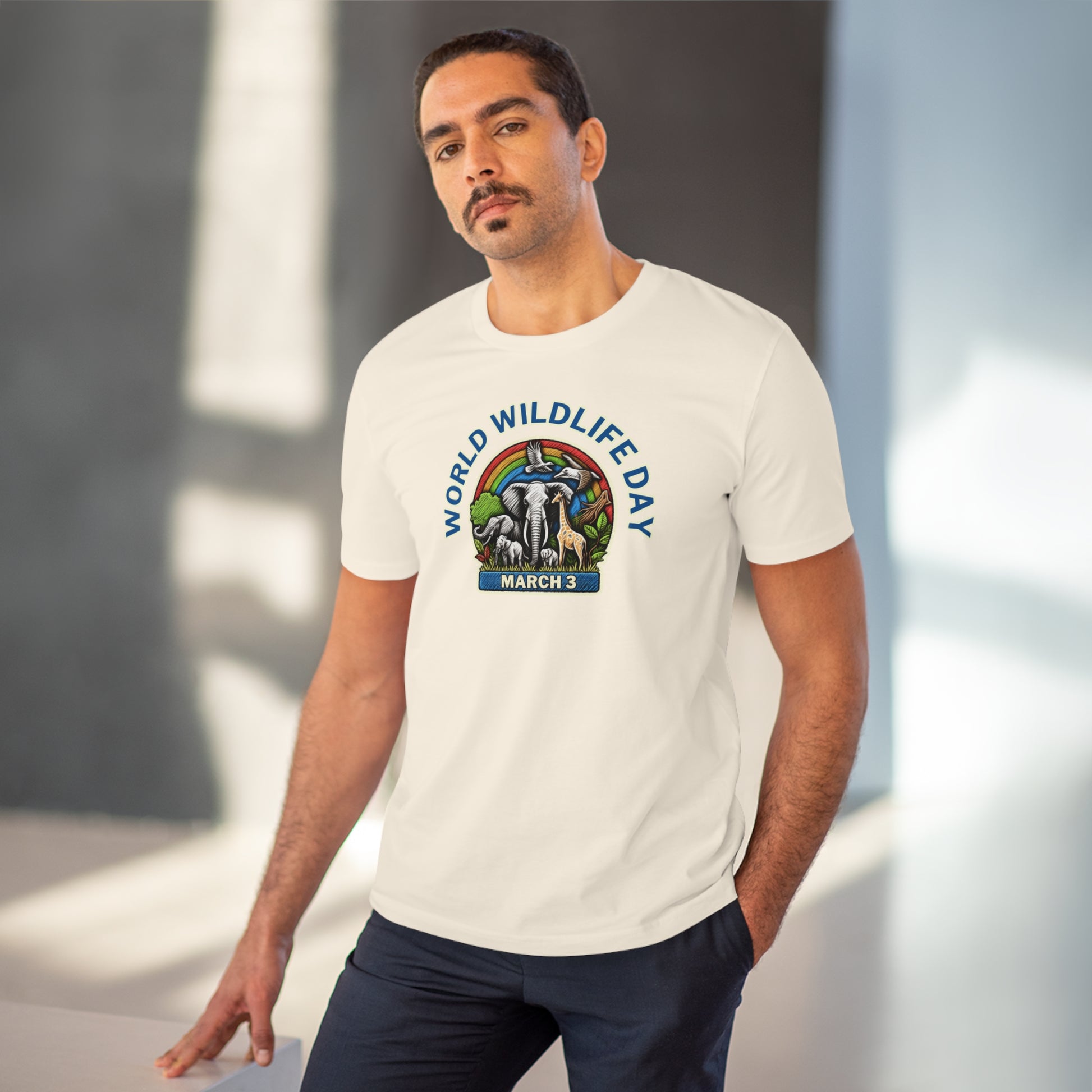 World Wildlife Day, Model wearing a GR@ON T-Shirt made from organic cotton, featuring a stylish and sustainable design. GR@ON T-Shirts: Sustainable style, everyday comfort.