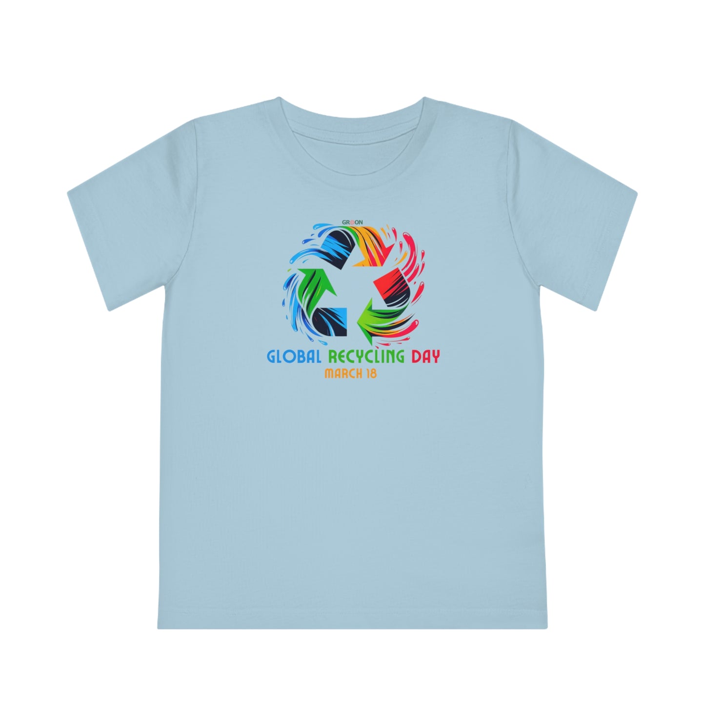 Global Recycling Day, Child wearing a GR@ON Kids T-Shirt made from organic cotton, featuring a fun and colorful design. GR@ON Kids T-Shirts: Sustainable style, fun designs.