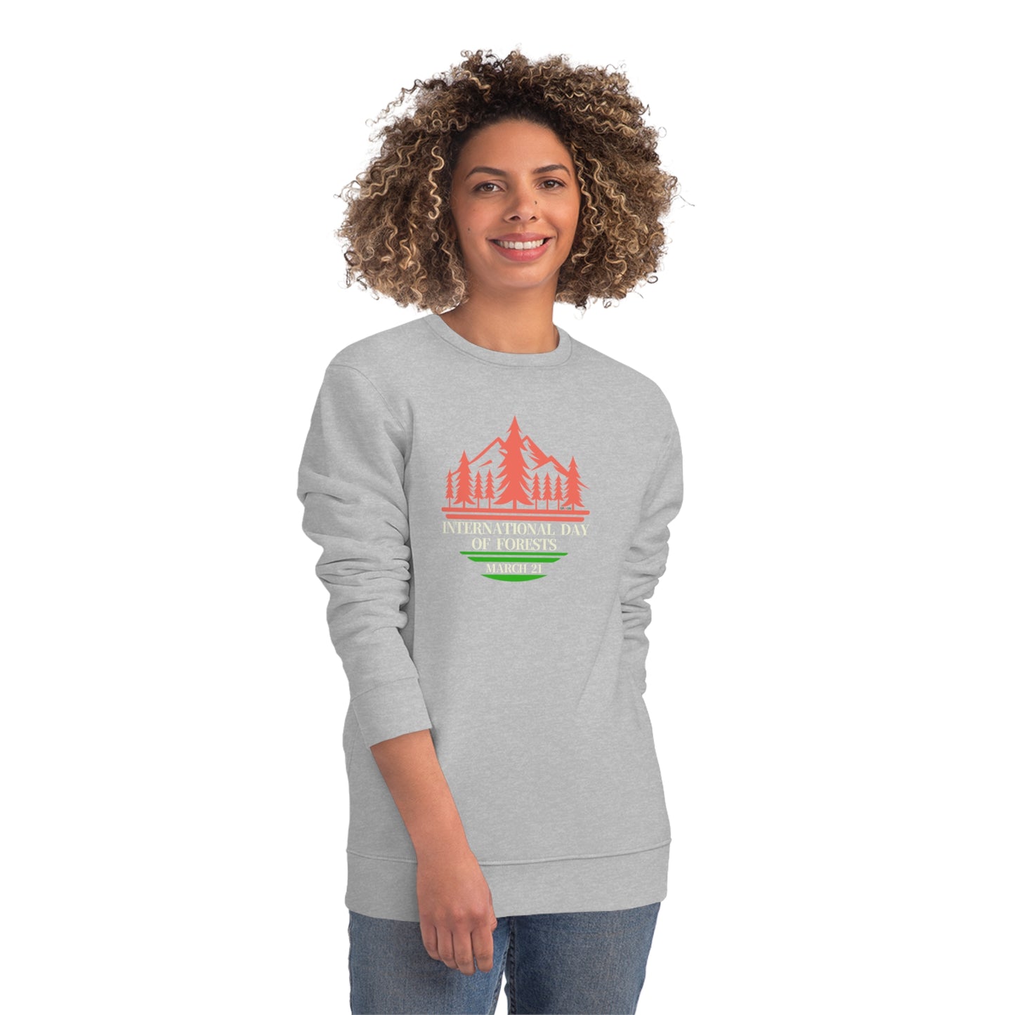 International Day of Forests, Model wearing a GR@ON Sweatshirt made from organic cotton, featuring a stylish and sustainable design. GR@ON Sweatshirts: Sustainable comfort, everyday style.