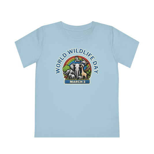 World Wildlife Day, Child wearing a GR@ON Kids T-Shirt made from organic cotton, featuring a fun and colorful design. GR@ON Kids T-Shirts: Sustainable style, fun designs.