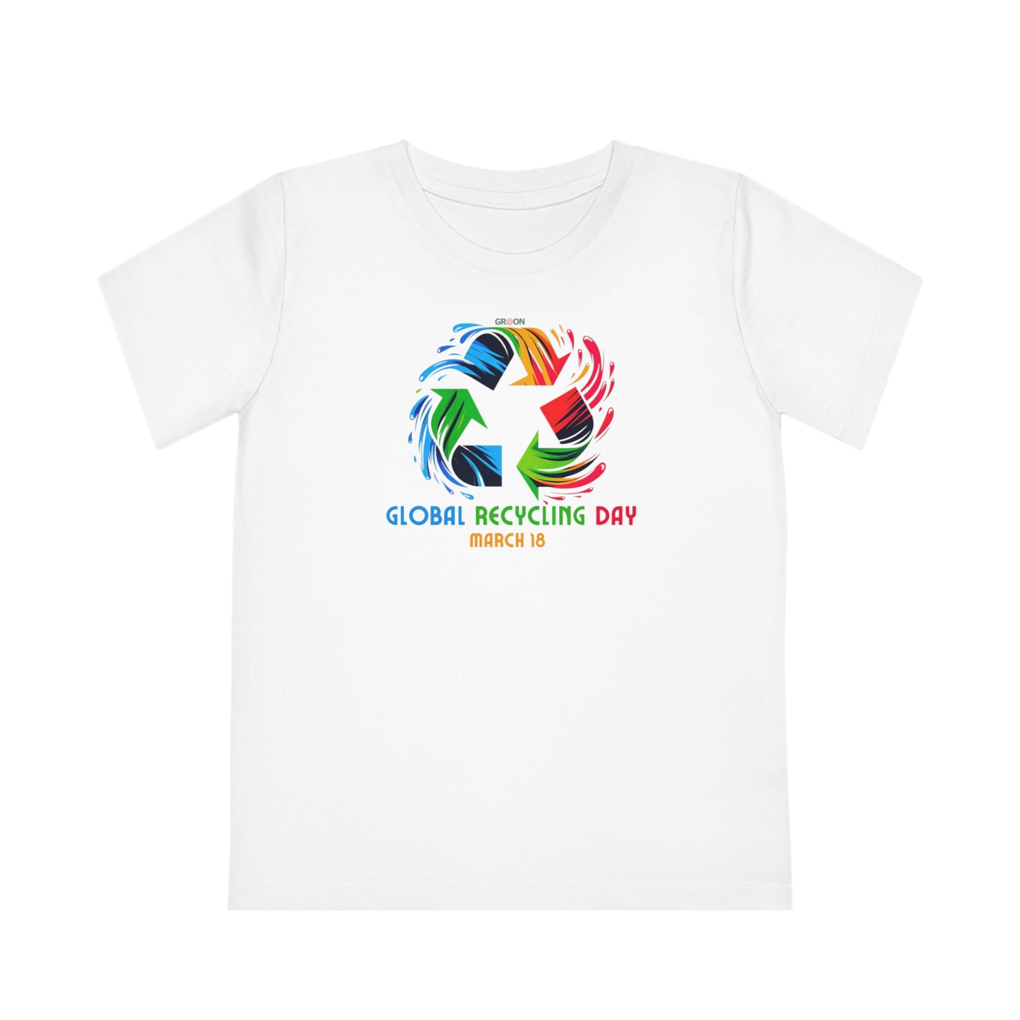 Global Recycling Day, Child wearing a GR@ON Kids T-Shirt made from organic cotton, featuring a fun and colorful design. GR@ON Kids T-Shirts: Sustainable style, fun designs.