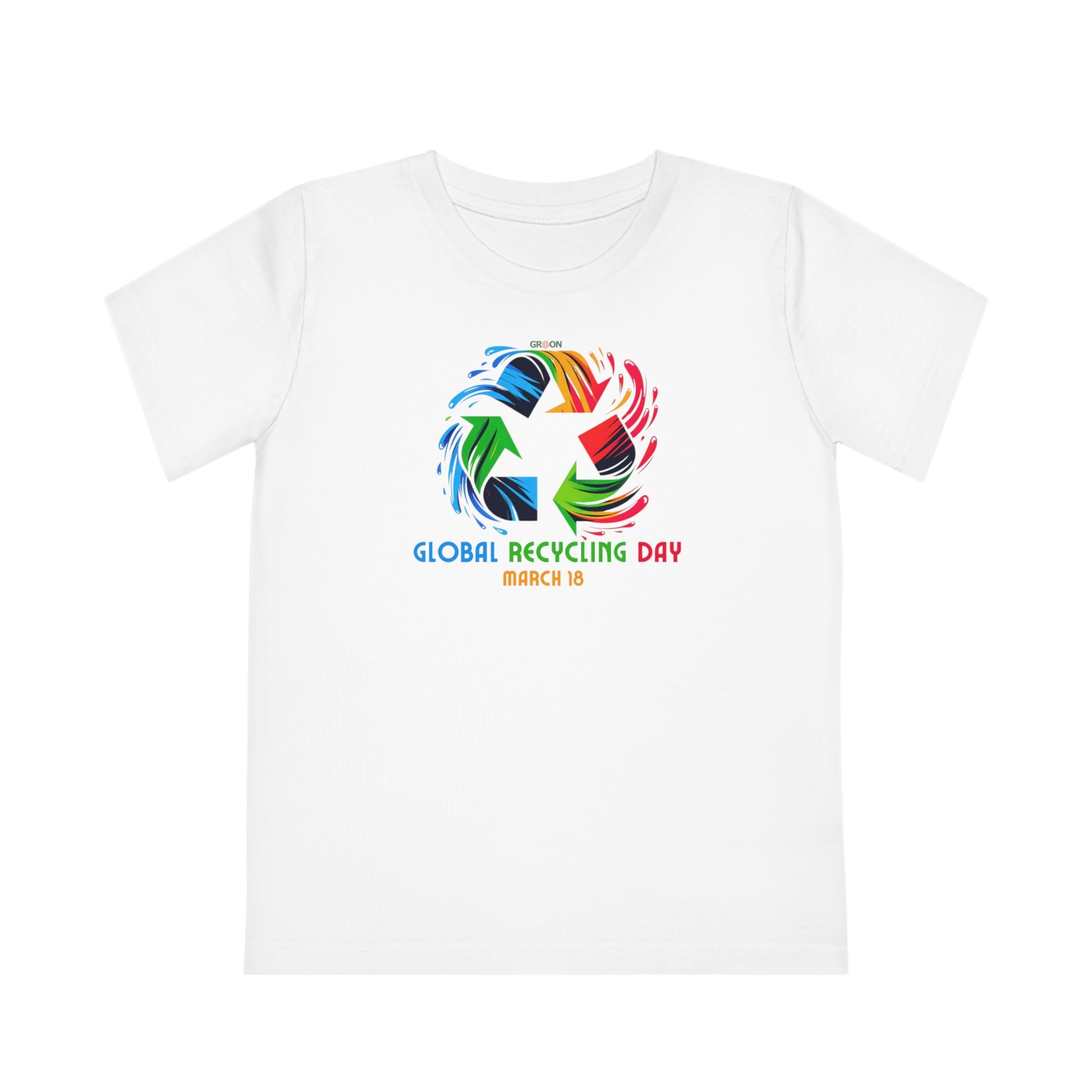 Global Recycling Day, Child wearing a GR@ON Kids T-Shirt made from organic cotton, featuring a fun and colorful design. GR@ON Kids T-Shirts: Sustainable style, fun designs.