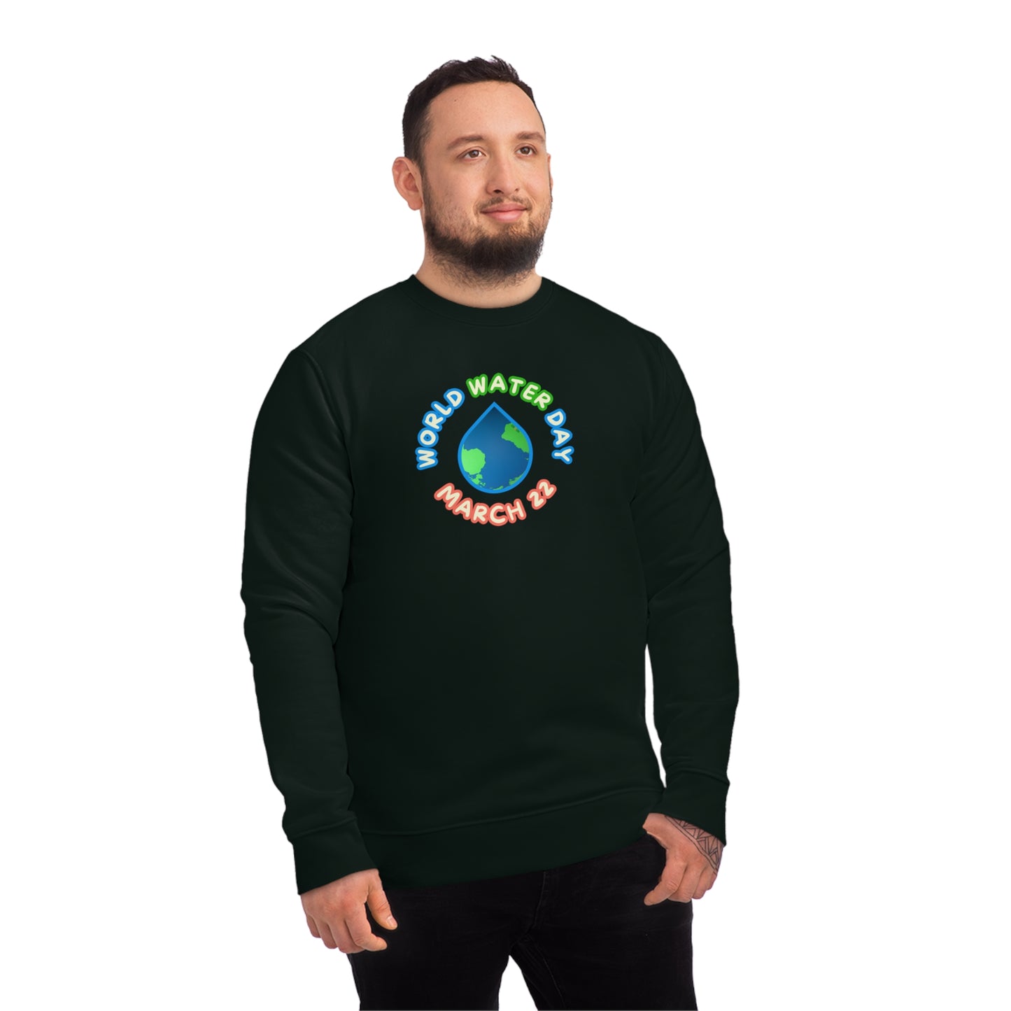 World Water Day, Model wearing a GR@ON Sweatshirt made from organic cotton, featuring a stylish and sustainable design. GR@ON Sweatshirts: Sustainable comfort, everyday style.