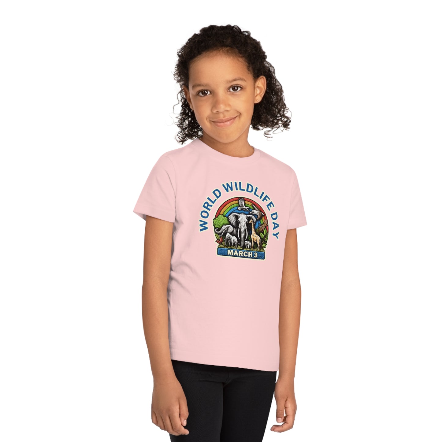 World Wildlife Day, Child wearing a GR@ON Kids T-Shirt made from organic cotton, featuring a fun and colorful design. GR@ON Kids T-Shirts: Sustainable style, fun designs.