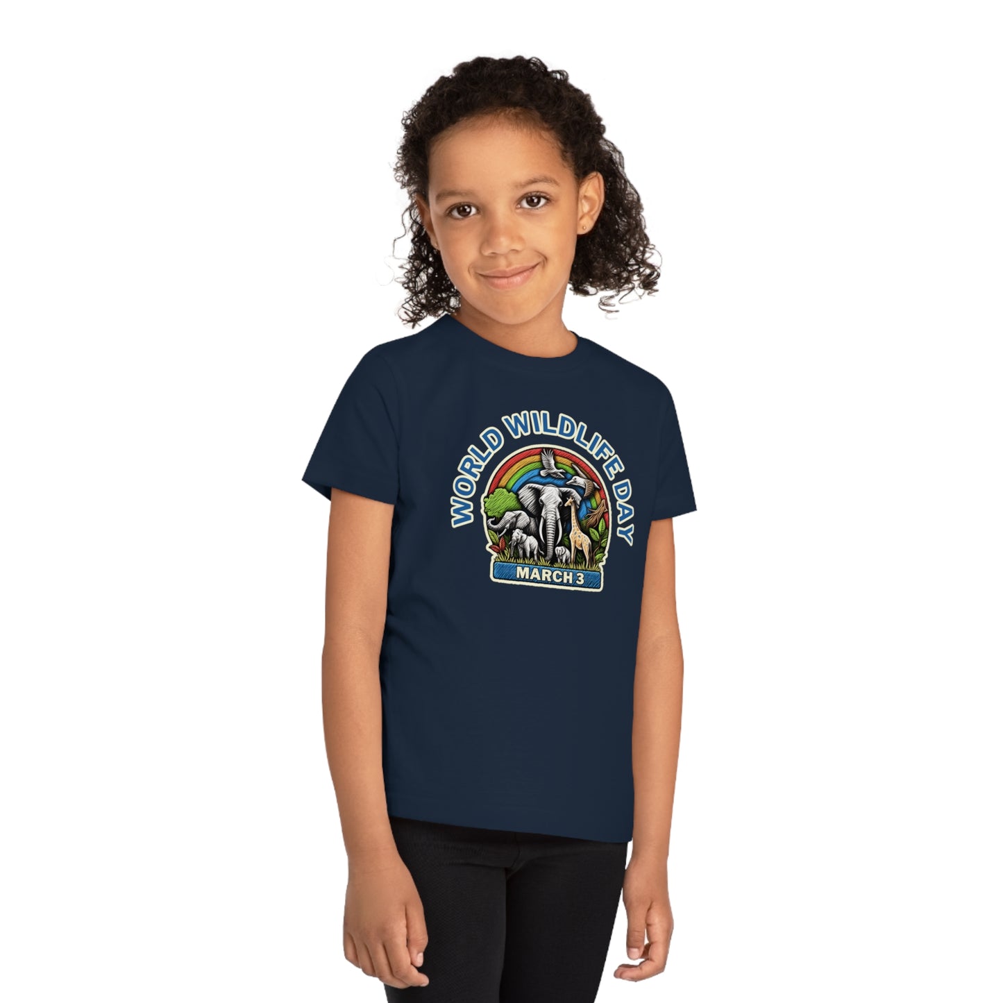 World Wildlife Day, Child wearing a GR@ON Kids T-Shirt made from organic cotton, featuring a fun and colorful design. GR@ON Kids T-Shirts: Sustainable style, fun designs.