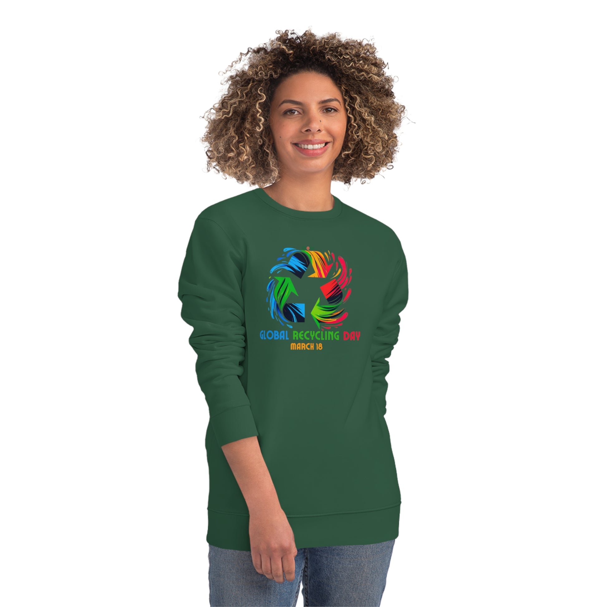 Global Recycling Day, Model wearing a GR@ON Sweatshirt made from organic cotton, featuring a stylish and sustainable design. GR@ON Sweatshirts: Sustainable comfort, everyday style.