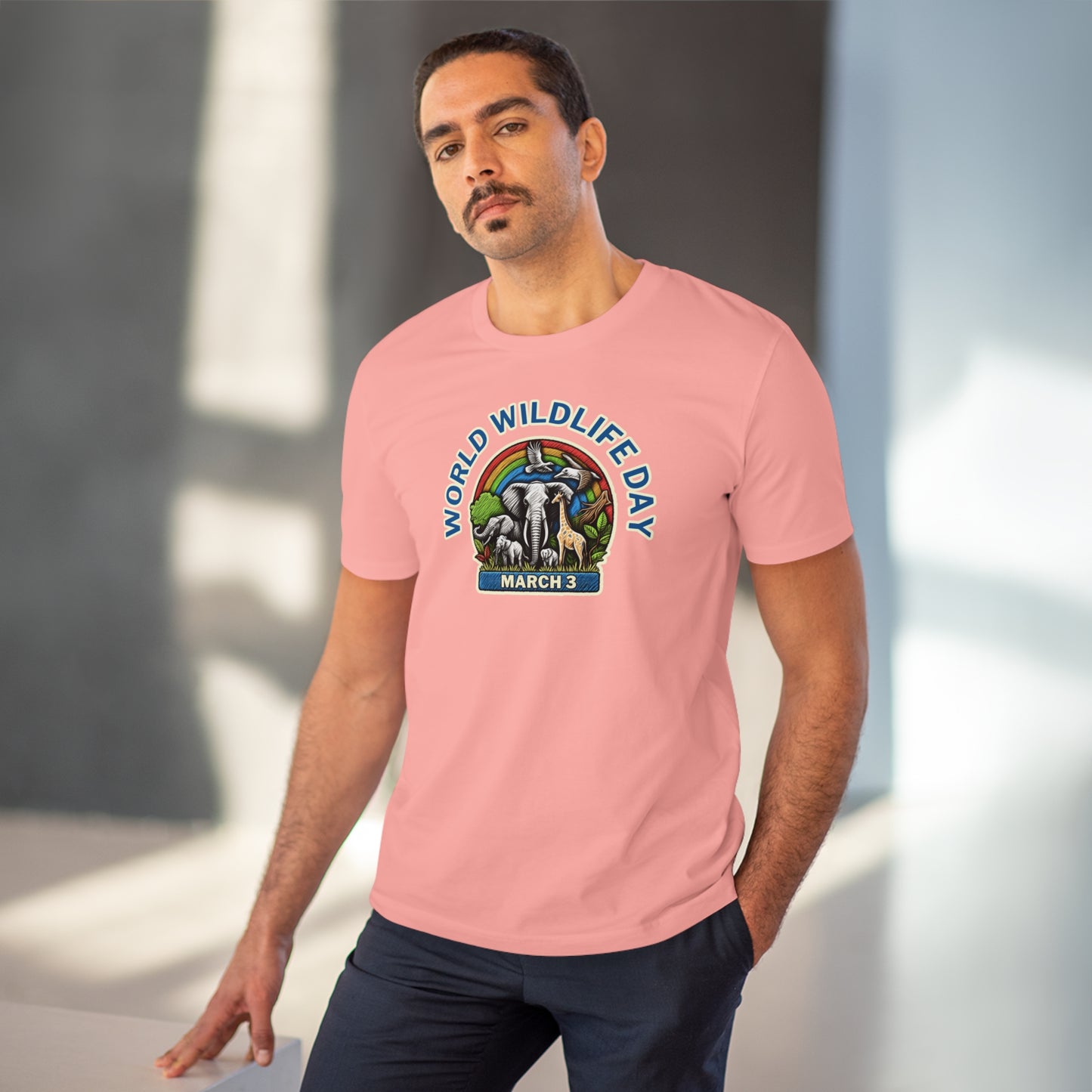 World Wildlife Day, Model wearing a GR@ON T-Shirt made from organic cotton, featuring a stylish and sustainable design. GR@ON T-Shirts: Sustainable style, everyday comfort.